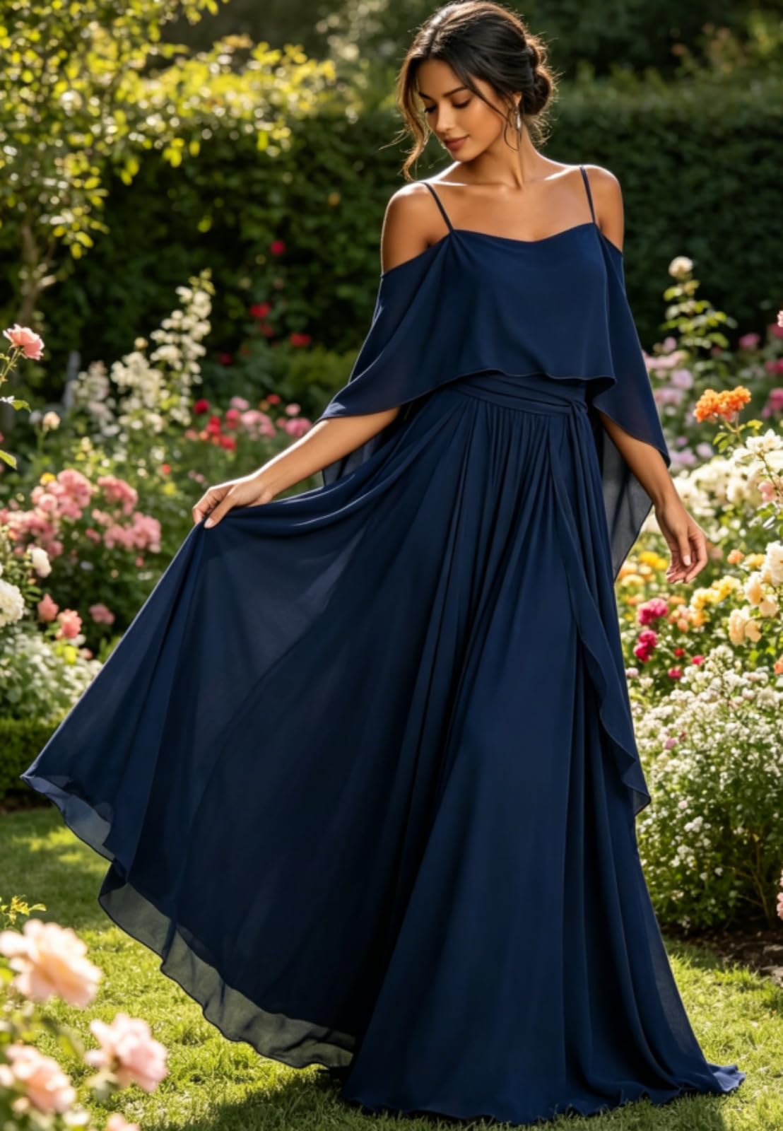 Abito lungo da donna in chiffon, elegante, con volant e spalle scoperte