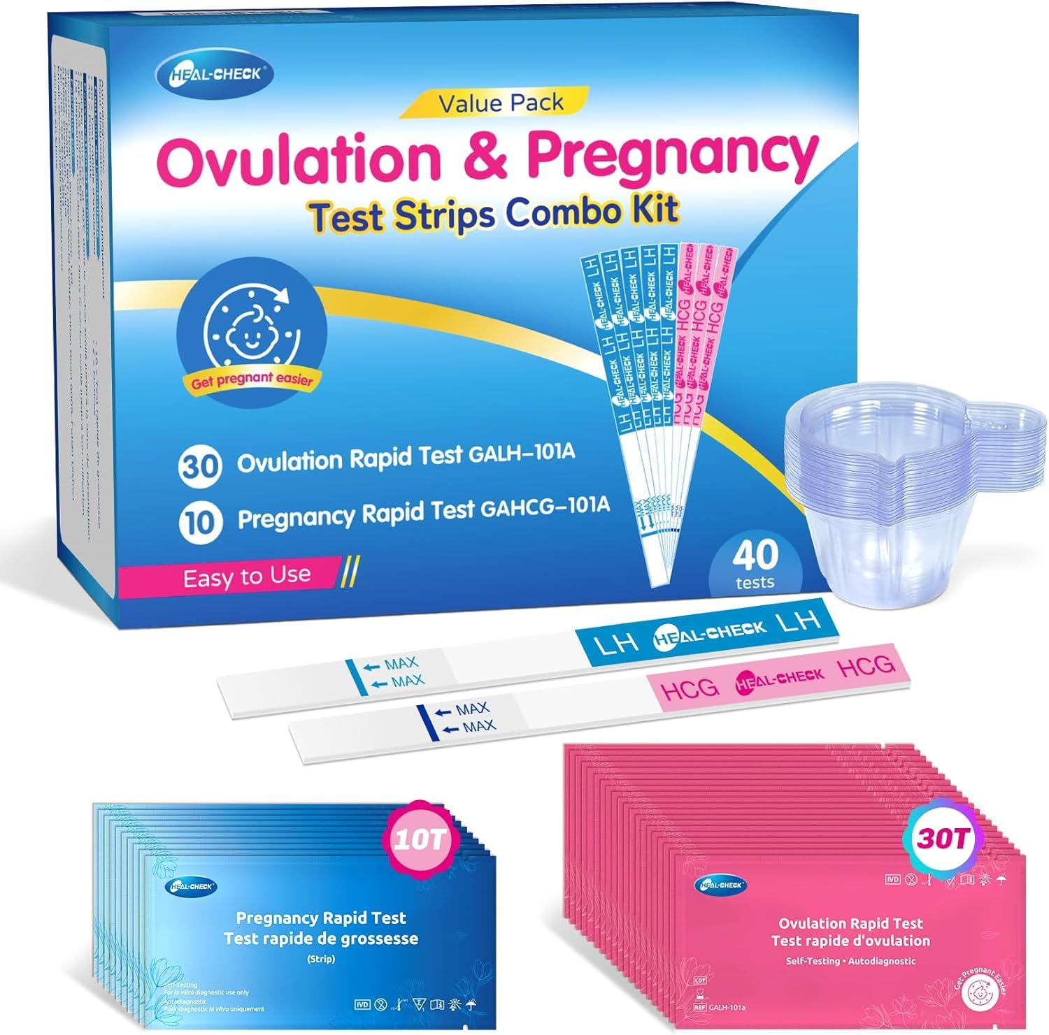 30 Ovulation and 10 Pregnancy Test Strips with 40 Urine Cups, Fertility Test for Women TTC, Get Pregnant Easier, Easy to Use at Home, Over 99% Accuracy, Individually Wrapped