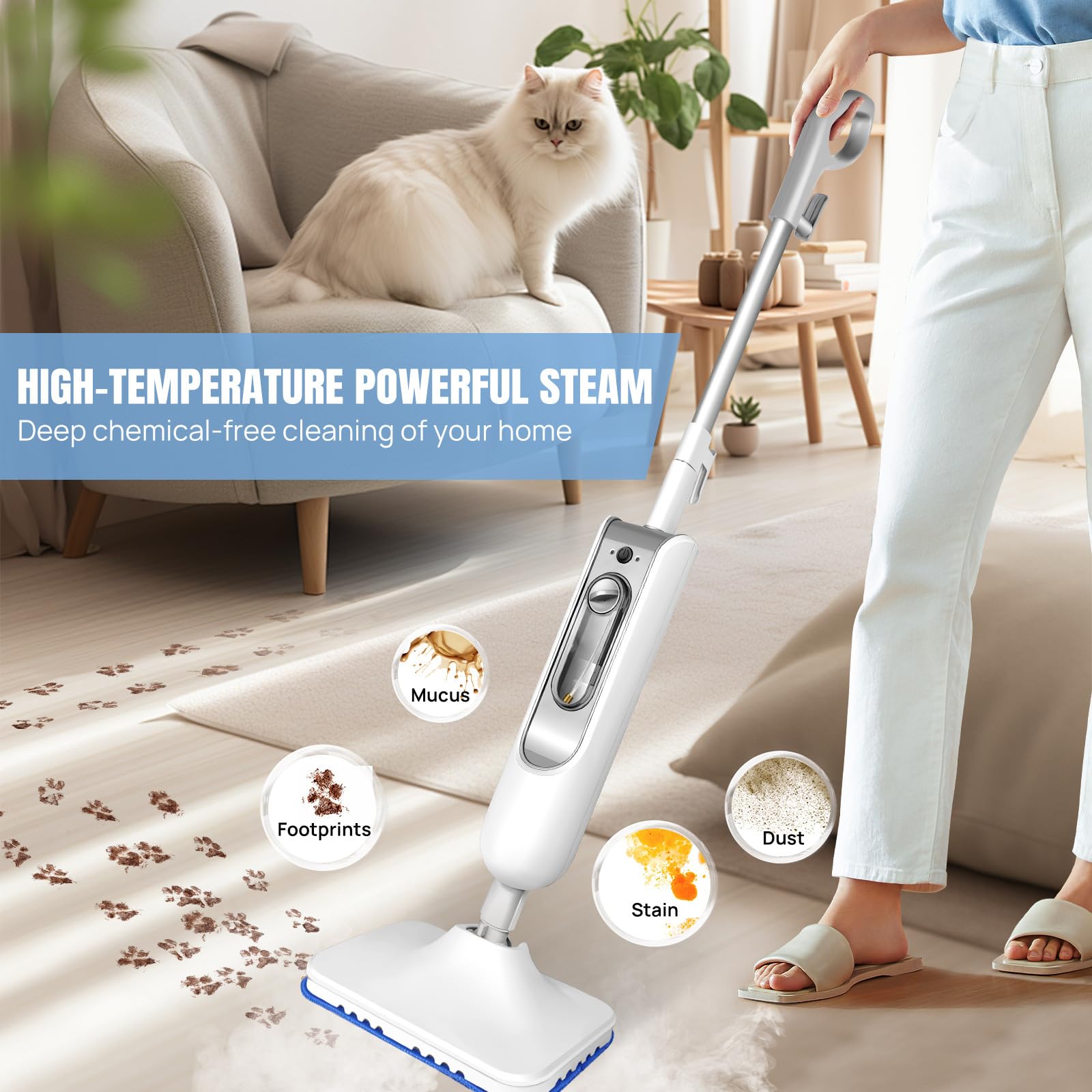 XYVIA Steam Mop 20s Rapid Heating Detachable Handle Handheld 1200W Steam Cleaner 12-in-1 MultiPurpose with 11 Accessories 400ml Tank 20FT Cord for Hardwood/Tile/Laminate All Floors Carpet Cleaning