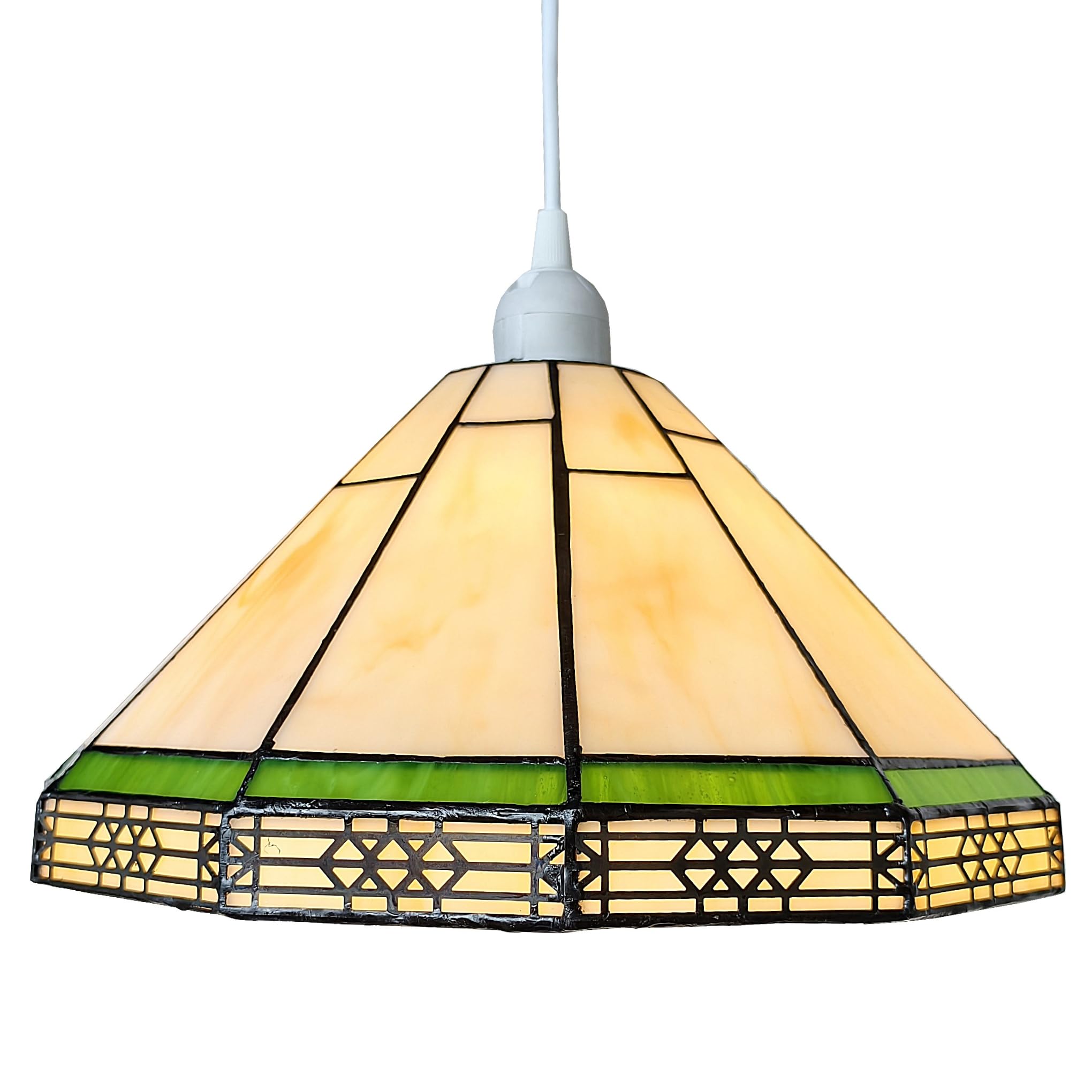 Loxton Lighting Mission Style Tiffany Shade, 30cm Diameter, Beige and Green Stained Glass, E27/B22 Compatible