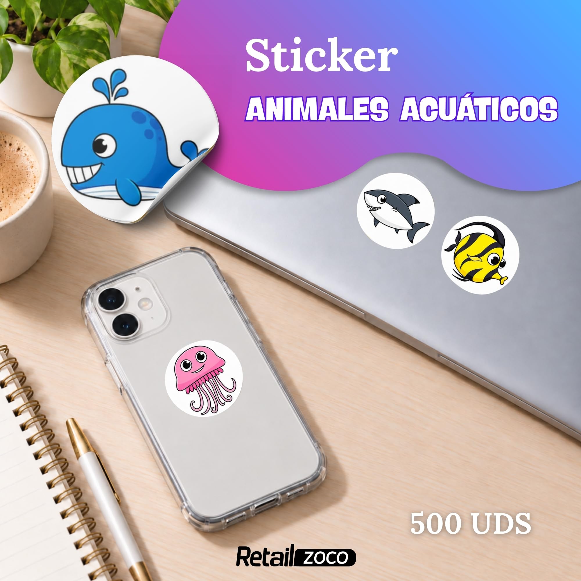 Rollo Pegatinas animales acuáticos Océano, aquatic animal stickers, 3 Uds - imagen 2