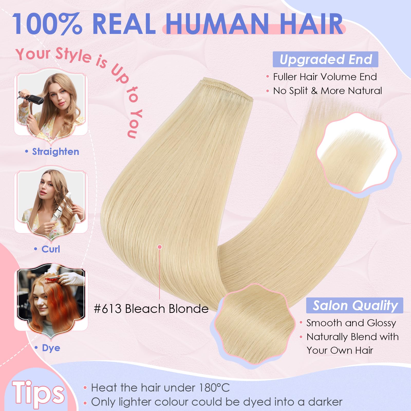Elailite Clip in Hair Extensions Real Hair Blonde Natural Human Hair, 8 Pieces (Thin Weft) Straight, #613 Bleach Blonde - Image 4