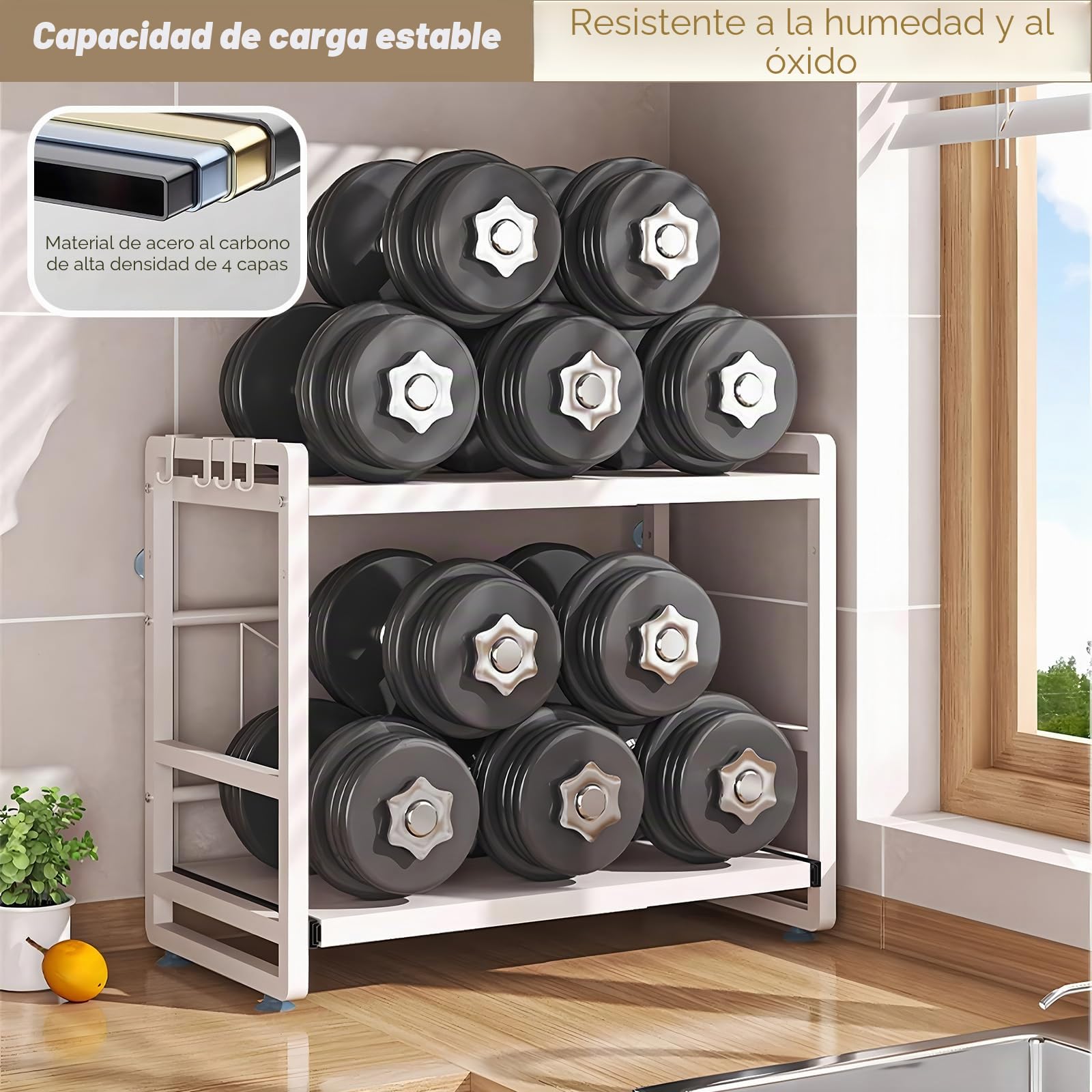 Estante de cocina con 2 niveles, altura ajustable y estante extensible con cajón, acero al carbono, ganchos y ventosas de refuerzo, fácil montaje, color blanco