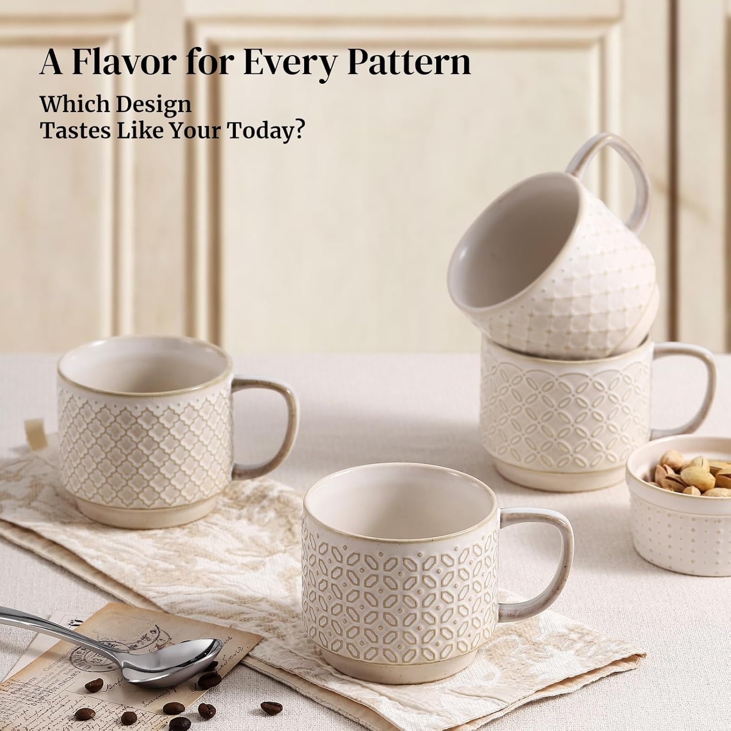 DOWAN 12oz Coffee Mugs Set of 4, Ceramic Coffee Mugs, Mugs Features A Relief Kiln-Change Technique, Microwave Safe, Thick-Walled Design for Heat Retention, Office and Home Use