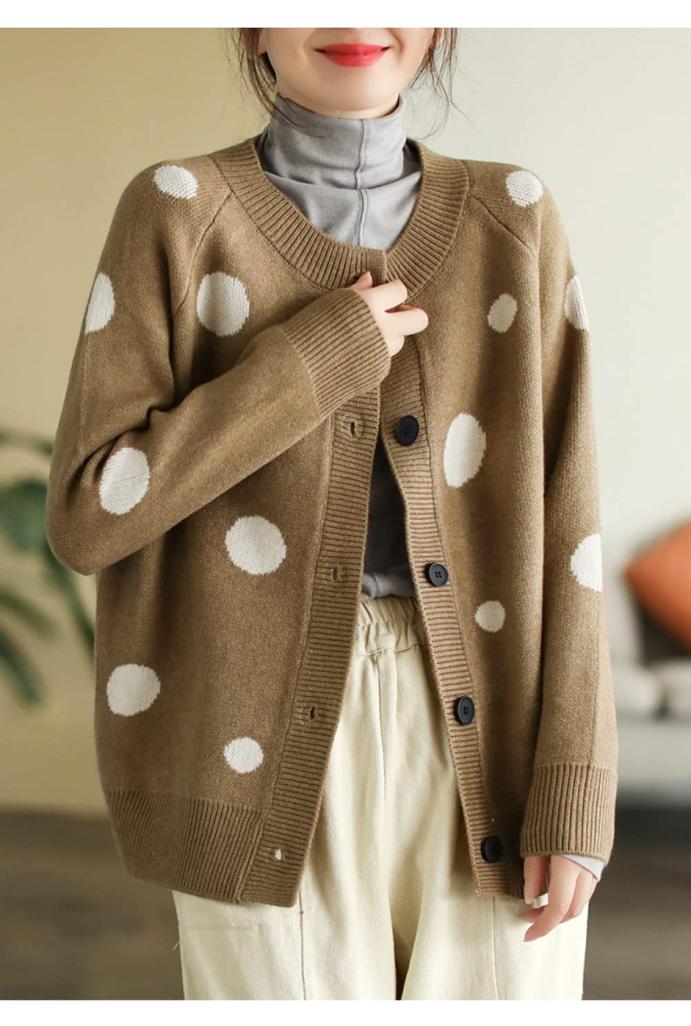 Chaquetas Basicas De Punto Mujer,Cárdigans De Punto Para Mujer Moda Lunares Marrones Jacquard Botón De Cuello Redondo Manga Larga Suéteres Delanteros Abiertos Cárdigan Otoño Suelto De Punto Sua