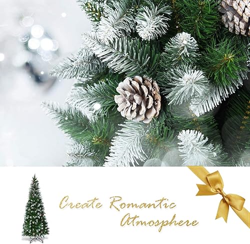 Miniatura 6 de GOFLAME Árbol de Navidad flocado de nieve de 5 pies, árbol de Navidad artificial con piñas y soporte de metal, decoración navideña tradicional para
