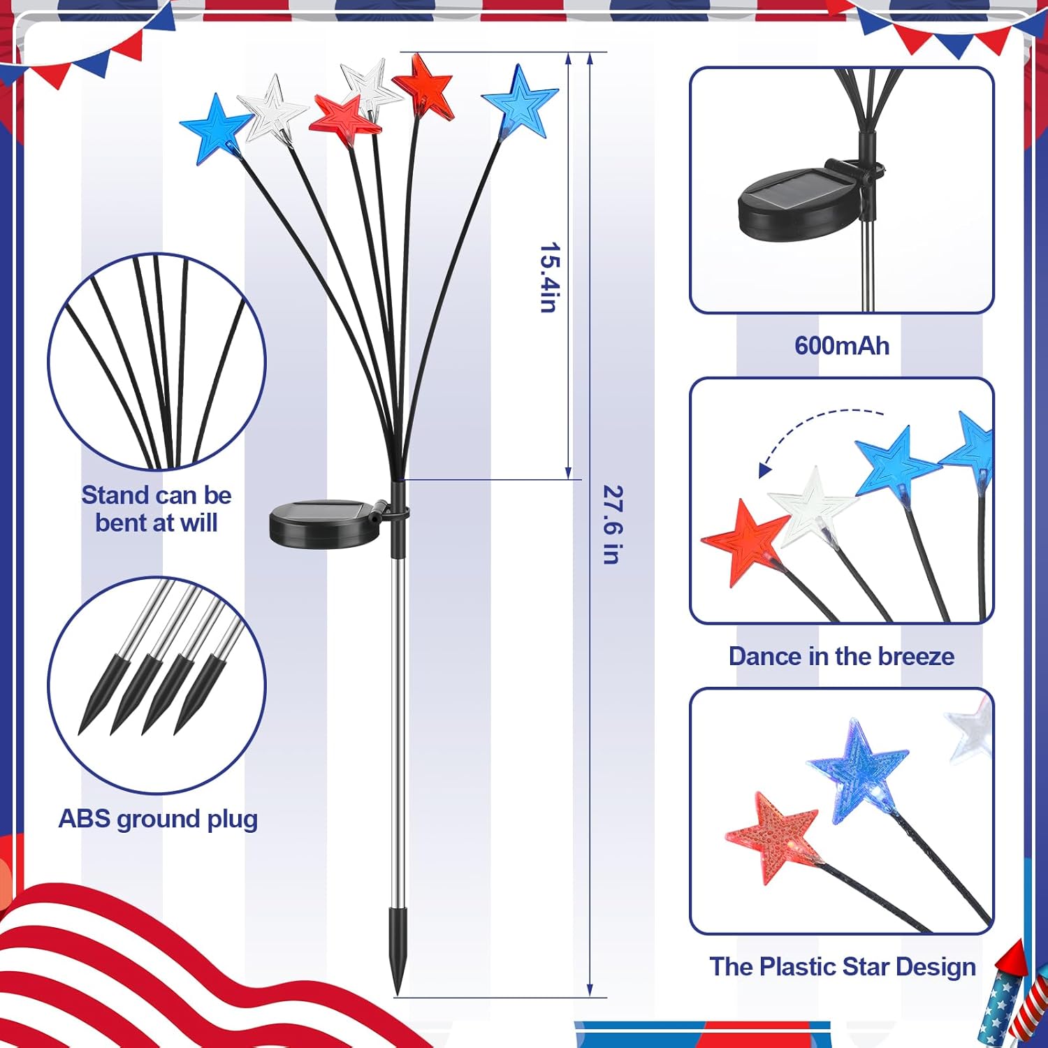 Aurelema 4 Pack 4th of July Solar Lights Outdoor Patriotic Garden Decorations Blue Red White Solar Lights Waterproof Lawn Decorations for Independent Day Pathway Yard Garden Landscape Outside Decor