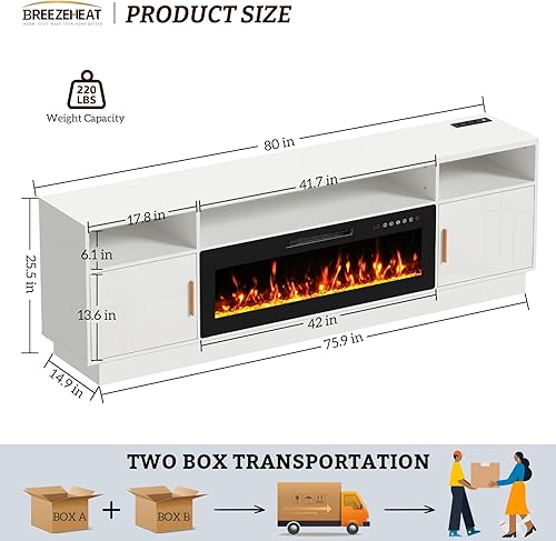 Miniatura 71 de BREEZEHEAT Soporte de TV eléctrico con chimenea de 36 pulgadas de hasta 80 pulgadas, centro de entretenimiento LED con puertas de alto brillo,
