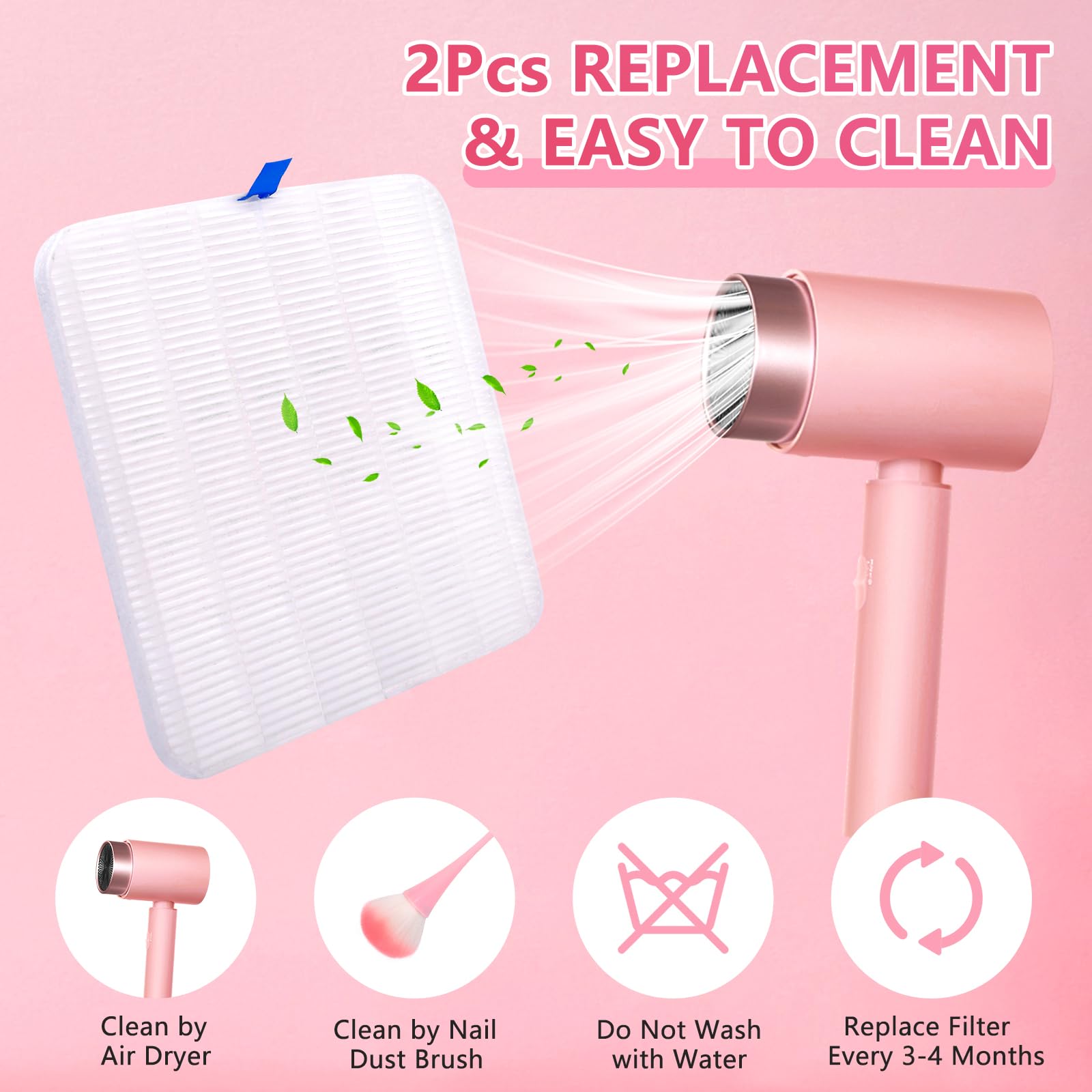 Colector de polvo de uñas, colector de polvo de uñas con luz LED y 2 filtros reutilizables y cepillo de limpieza, colector de polvo al vacío para manicura, esmalte de uñas de gel acrílico,