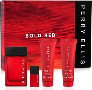 Perry Ellis Bold Red 4-Piece Gift Set, Bold Fragrance Cologne Set for Men | 3.4 Fl Oz EDT, .25 Fl Oz Mini Travel Size, 3 Oz After Shave Balm & 3 Oz Shower Gel, Notes of Black Pepper, Mahogany & Ginger