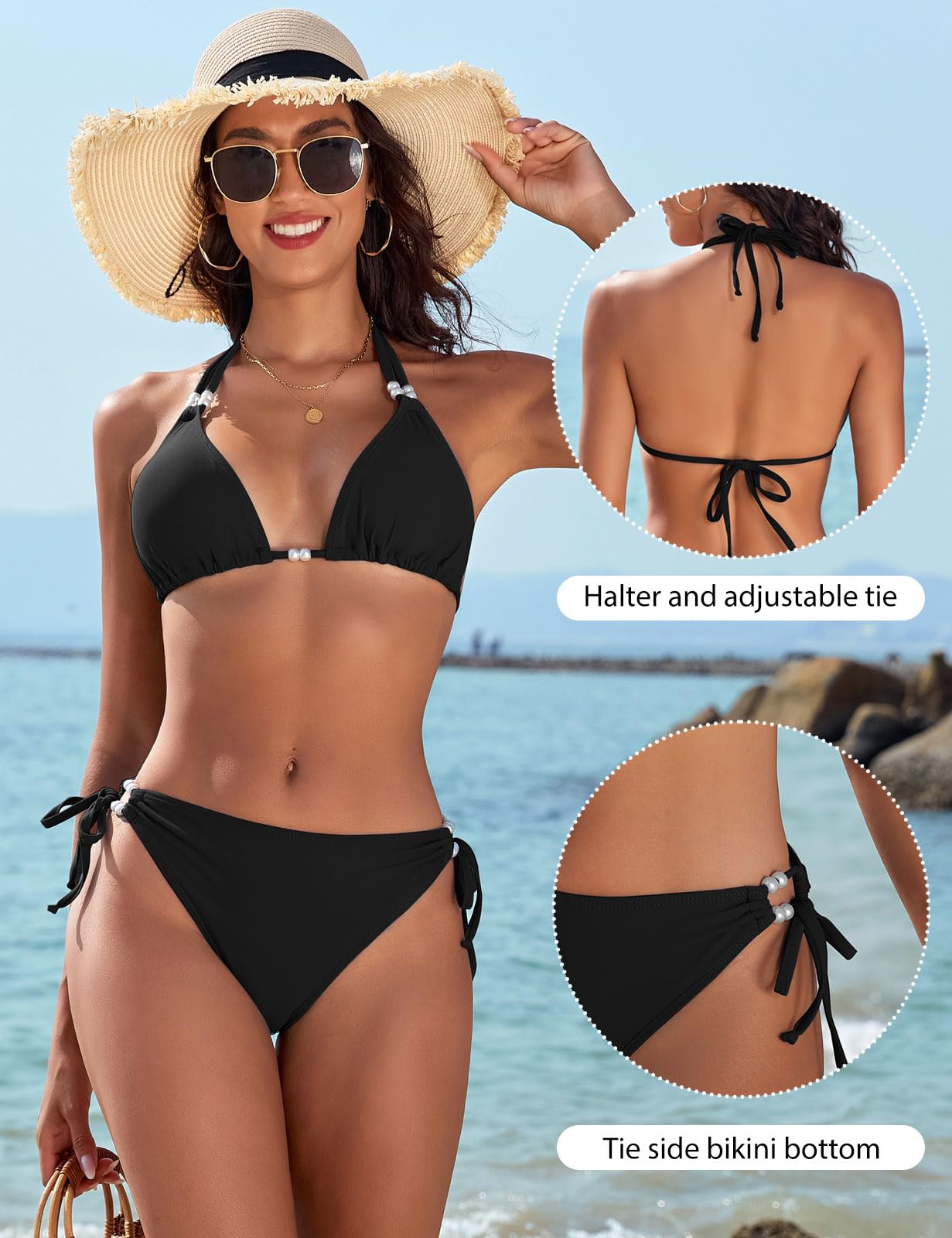 CMTOP Bikini Mujer Conjunto de Bikini Halter Triángulo Bikini Top y Braga de Bikini con Ajustable Cordón de Cintura Alta Sólido Traje de Baño 2 Piezas Sexy de Playa