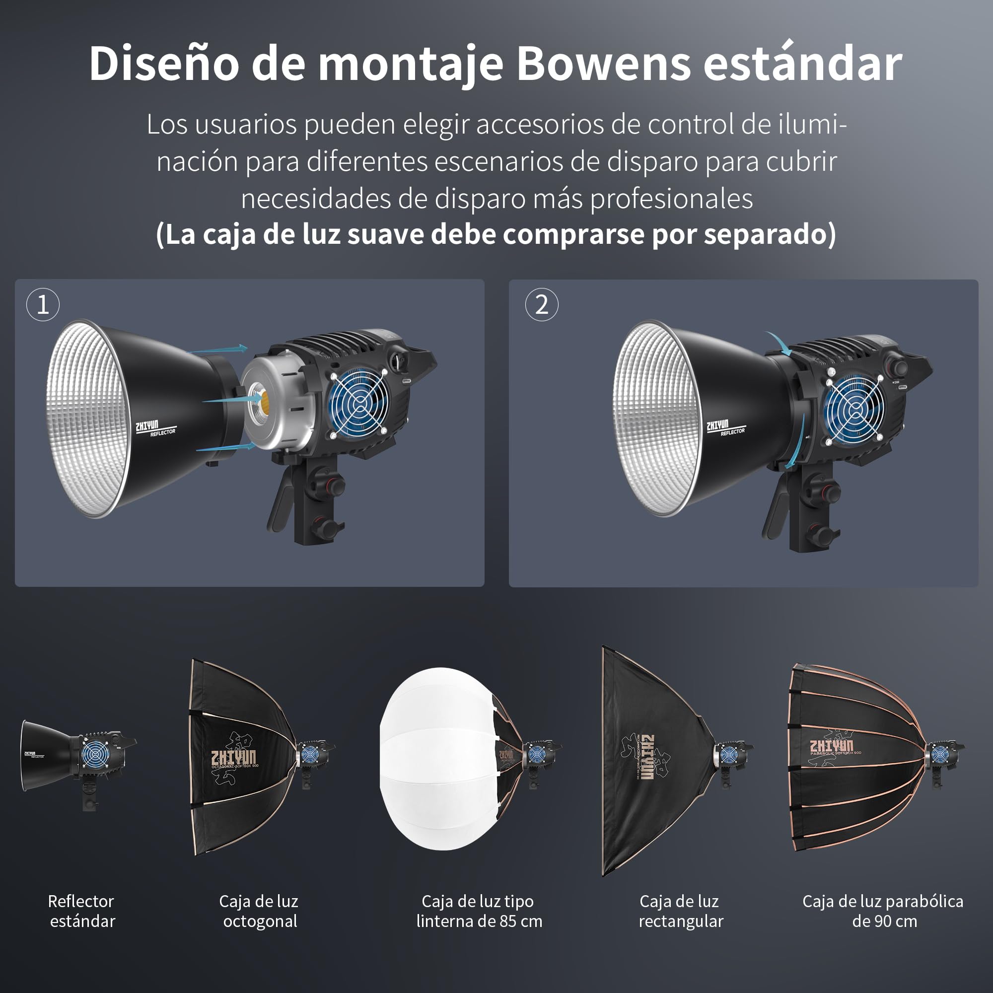 ZHIYUN Molus B100 [Oficial] Luz de Video de 100 W, luz de Video LED COB con Soporte Bowens, luz de Estudio de Dos Tonos, 20600LUX/1M/2700K-6500K/ CRI ≥96/ TLCI ≥96/ Control de aplicación, 13 Efectos