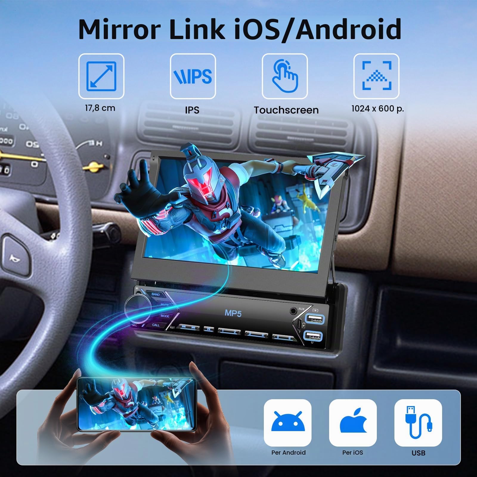 Hikity 7" 1 DIN Autoradio con Bluetooth FM Retrocamera | Touchscreen Mirror Link Comandi al Volante Vivavoce USB AUX
