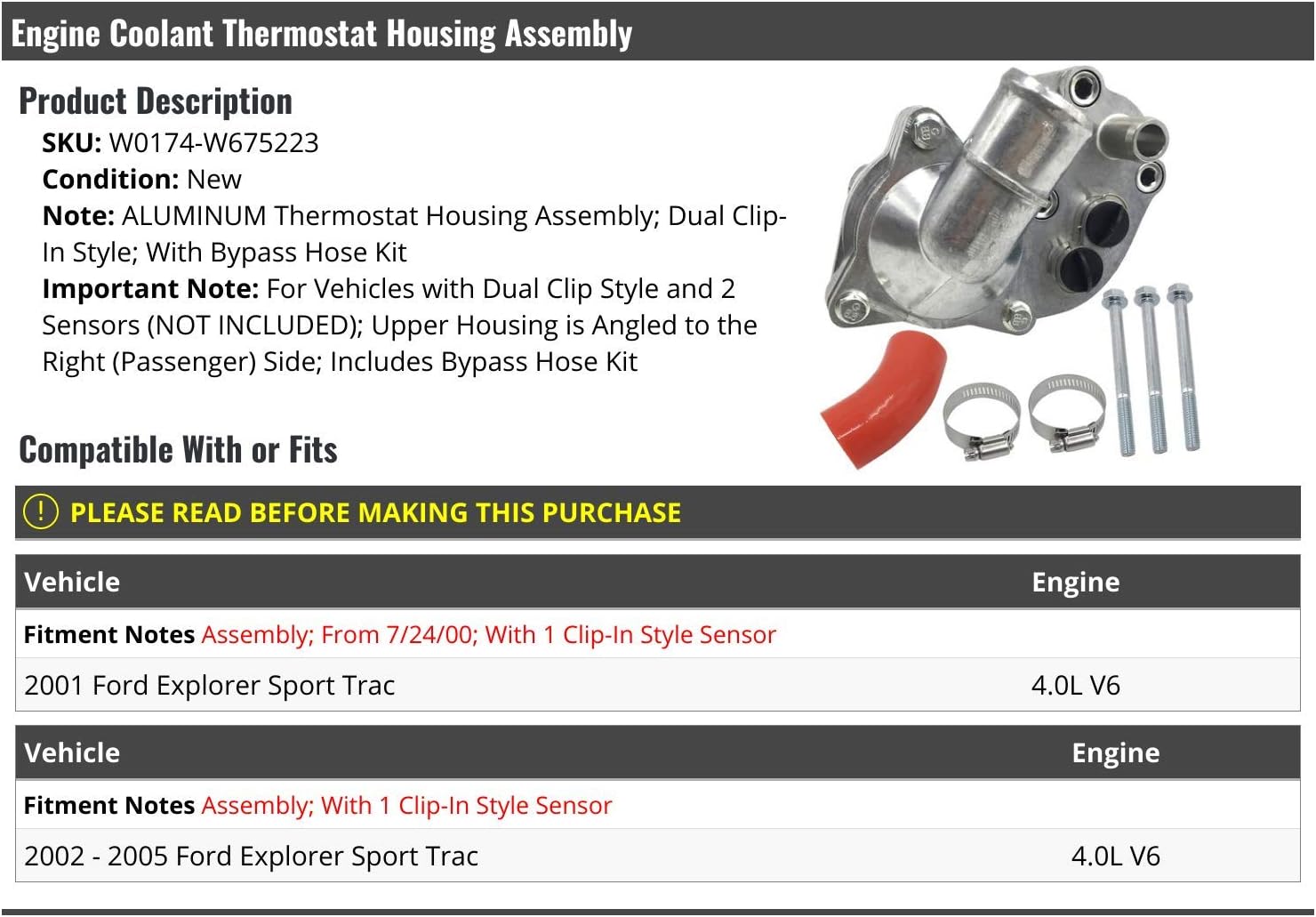Marketplace Auto Parts Aluminum Thermostat Housing Assembly (Dual Clip-in Style) with Bypass Hose Kit - Compatible with 2001-2005 Ford Explorer Sport Trac 4.0L V6 with Dual Clip-in Style Sensors