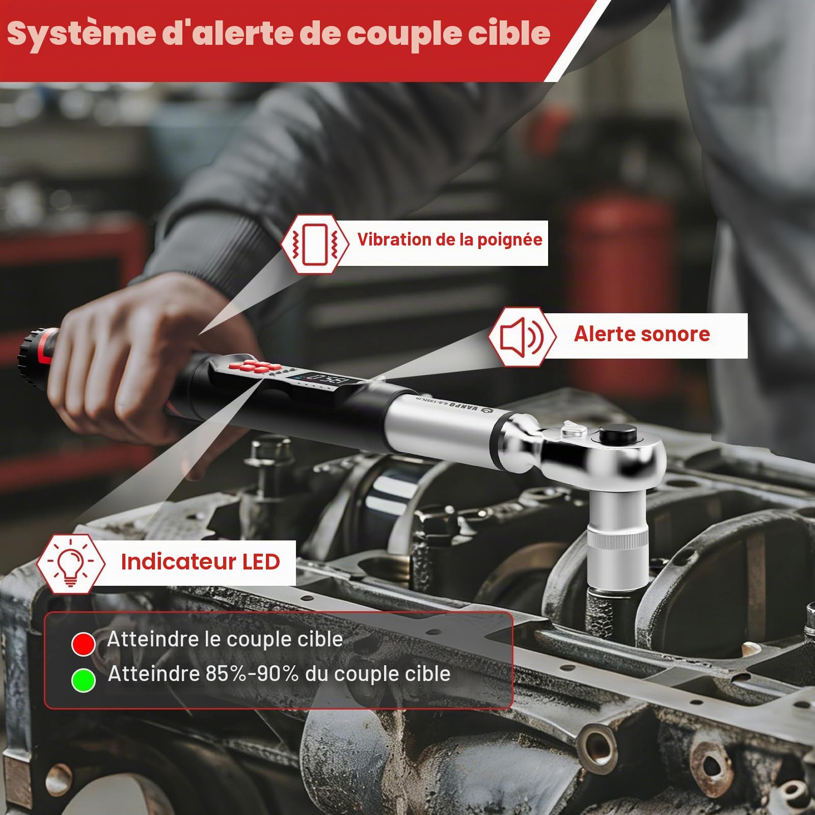 VANPO Clé Dynamométrique Numérique 3/8" 6.8-135NM pour Vélos, Moto