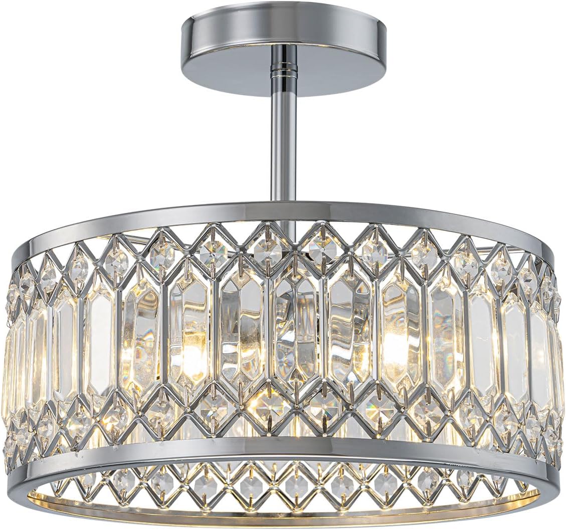 12 Inch Crystal Chandelier Chrome Ceiling Lights Modern Semi Flush Mount Ceiling Light Round Hallway Lighting Fixtures Chandeliers for Bedroom Closet Kitchen Laundry Room (Chrome)