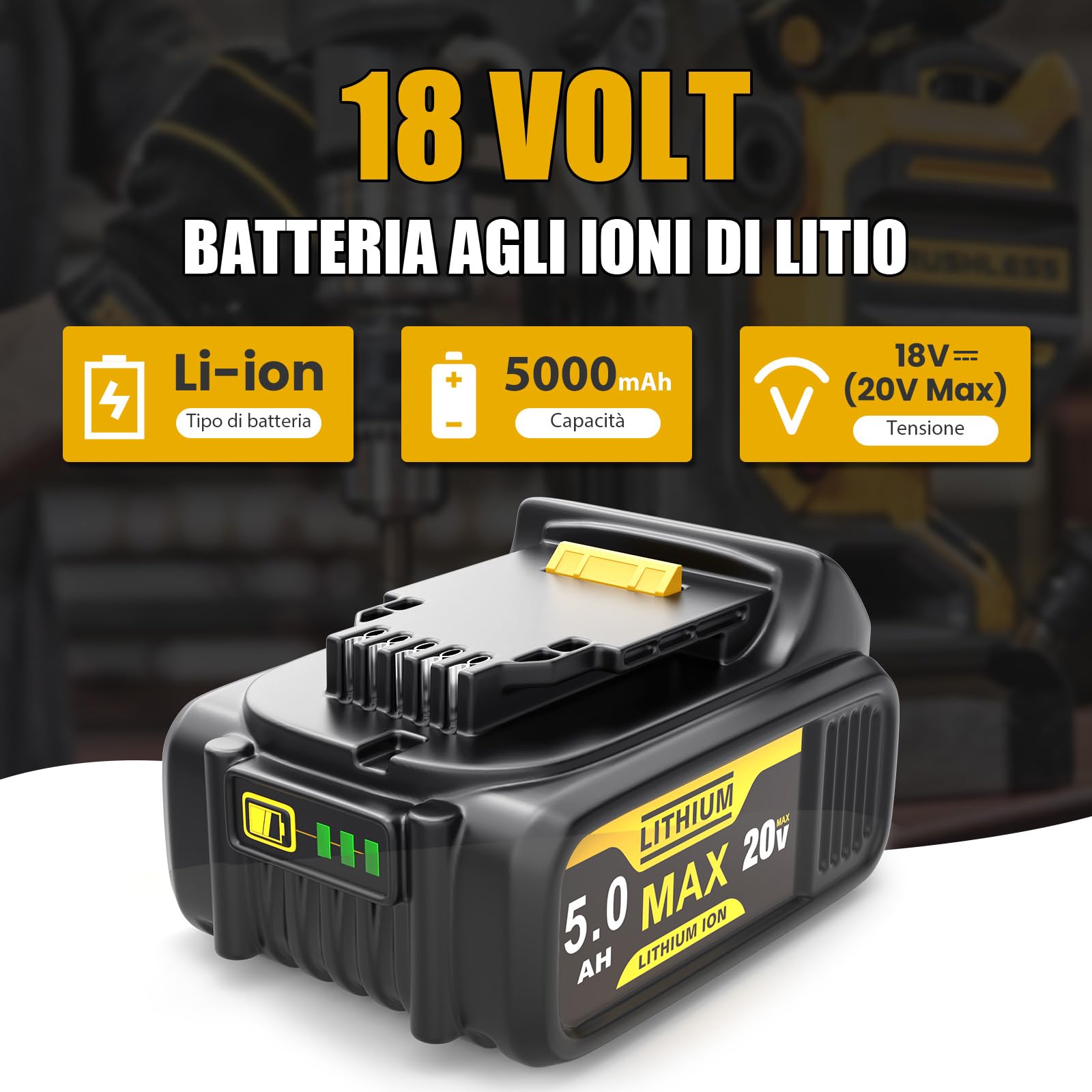 Batteria di ricambio per Dewalt 18V: Batteria agli ioni di litio da 5Ah per DCB200 DCB201 DCB180 DCB181 DCB182 DCB184 (2 pezzi)