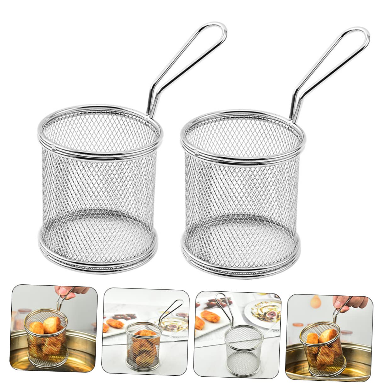 balacoo 2pcs Deep Fryer Basket Household Frying Basket Kitchen Fry Basket Chips Fry Basket Frying Stainless Steel Basket Round Wire Frying Basket Reusable Frying Basket Food Fryer Basket