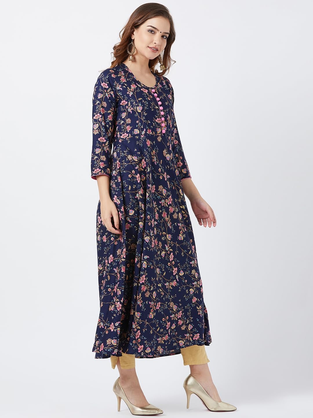 Tissu Women's Rayon Floral Printed Flared Kurta (Dark Blue L)