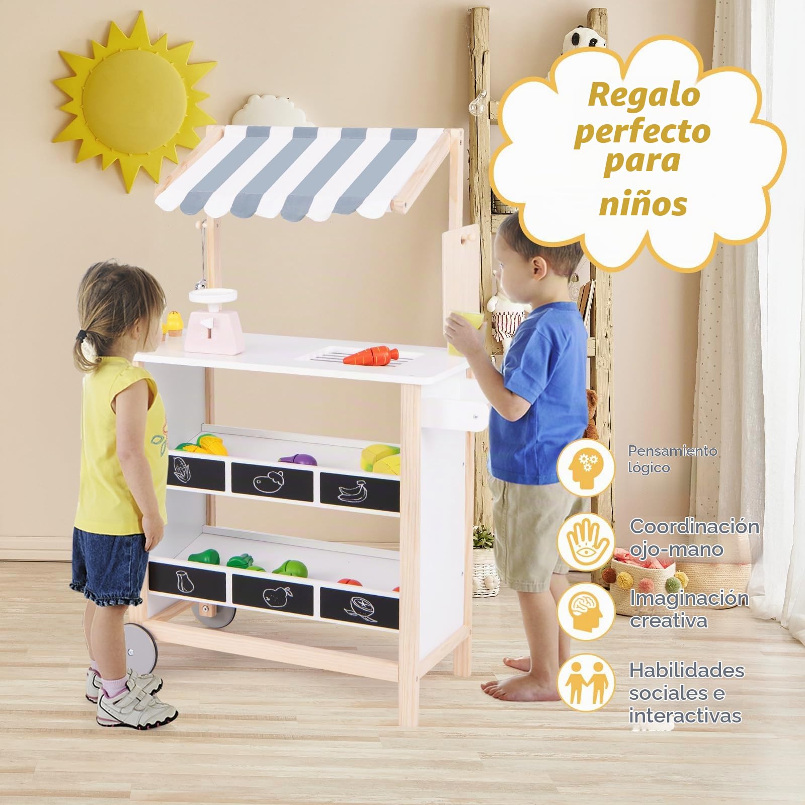 HOMASIS Carrito de Helados Infantil con Accesorios, Tienda de Madera con 2 estantes, heladería con Ruedas móviles y toldo, Juego de casita de muñecas para niños 3+ años, 79,5x29,5x100cm (Blanco)