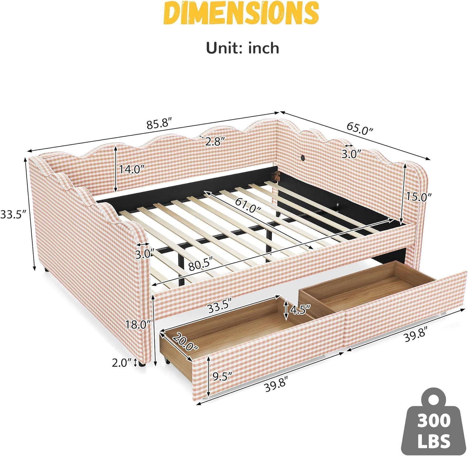 Queen Size Upholstery Daybed with 2 Storage Drawers and USB, Gingham Daybed Queen Size Day Bed for Bedroom Living Room Guest Room, No Box Spring Required, Pink