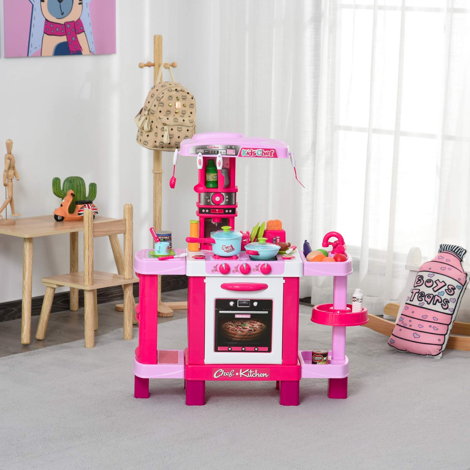HOMCOM Cucina Giocattolo per Bambini con 38 Accessori Inclusi, Gioco con Luci e Suoni Realistici, 78x29x87cm, Rosa