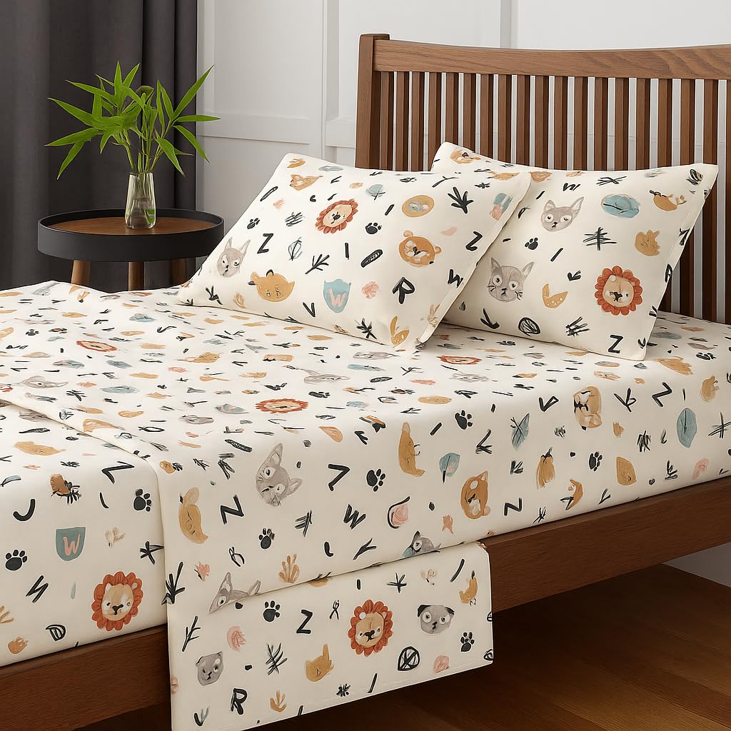Cottington Lane Kid's Alphabet Adventure Cartoon Bedsheet Set for Double Size Bed – Fun Learning Print with 2 Pillow Covers – Soft, Lightweight & Durable Bedding for Kids Room (90 x 100 Inches)