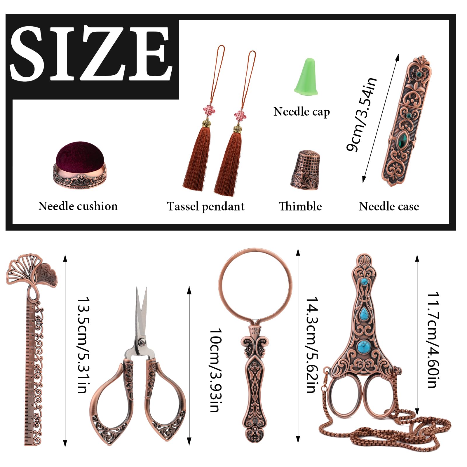 WONVOC Stickscheren-Set, kleine Vintage-Stickschere mit Abdeckung, Vintage-Stickscheren-Set, Vintage-Nähset, Nähnadeletui, einfaches Einfädelwerkzeug, Lineal, Nähnadelkissen