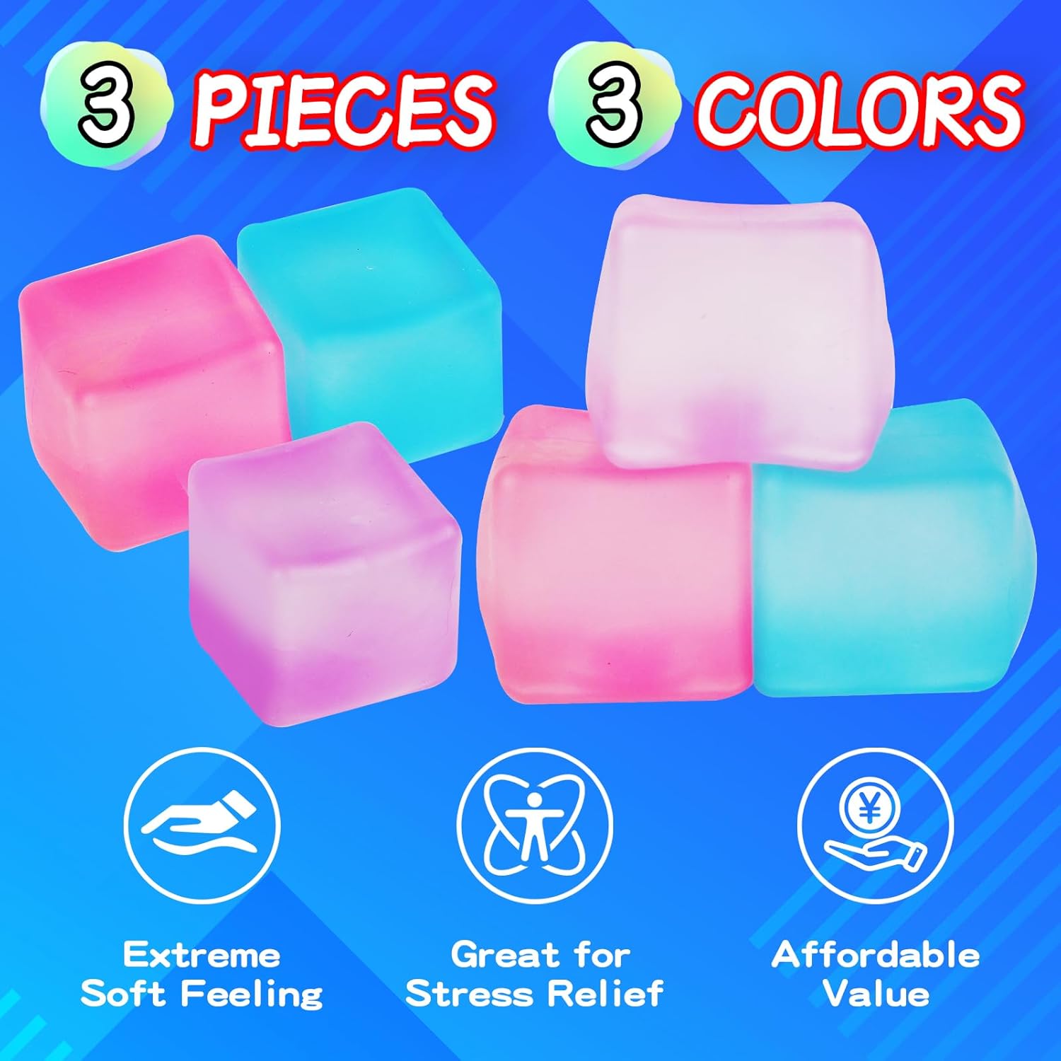 Squishy Fidget Toys Stress Relief Balls Giant Size Cubes for Adults(3-Pack) – Large Jumbo Balls Cute Toys for Kids, Slow Rising Sensory for Anxiety Relief, ADHD Focus & Office Desk Relaxation