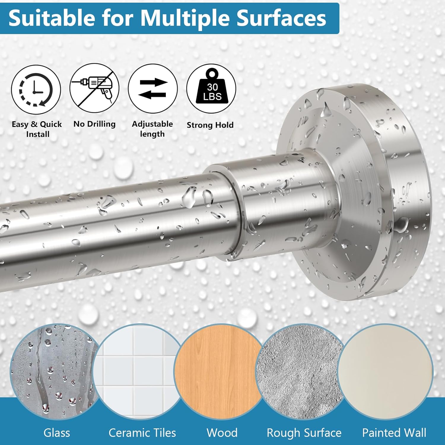 Bonpally Shower Curtain Rod, Adjustable 32-89 Inches Spring Tension Rod, Non-Slip No Drilling Stainless Steel Shower Rods for Bathroom Window Room Divider, Never Rust, Nickel