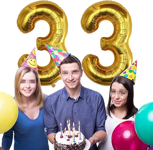 Miniatura 6 de Globos digitales del número 33 de 40 pulgadas, globos de cumpleaños del alfabeto 33 con helio del dígito 33, número 33 dorado para suministros de