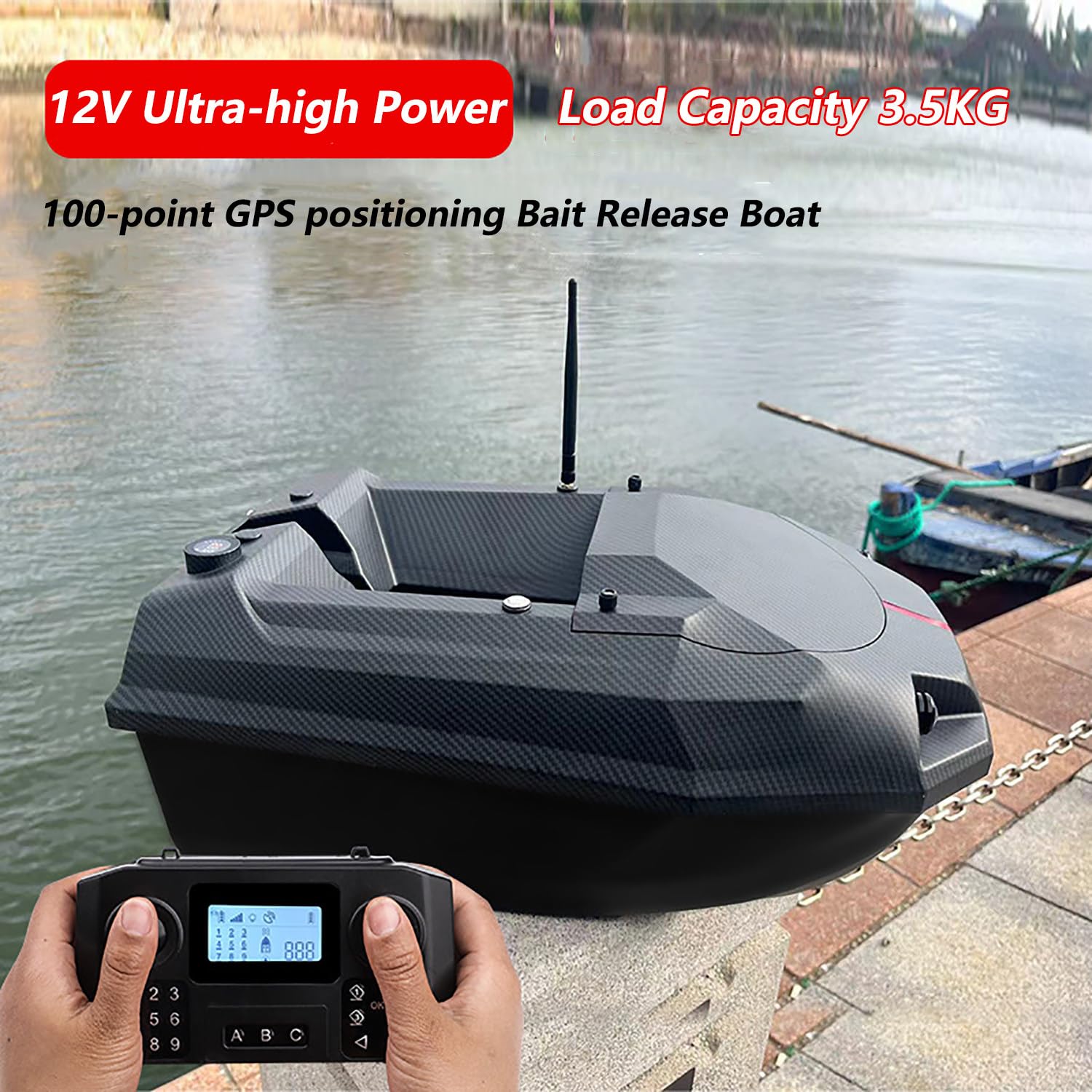 Bateau Télécommandé Pour Appâts De Pêche - Portée 500 M, Charge 1,5 Kg, LED Pour Pêche De Nuit - RC Boat Noir