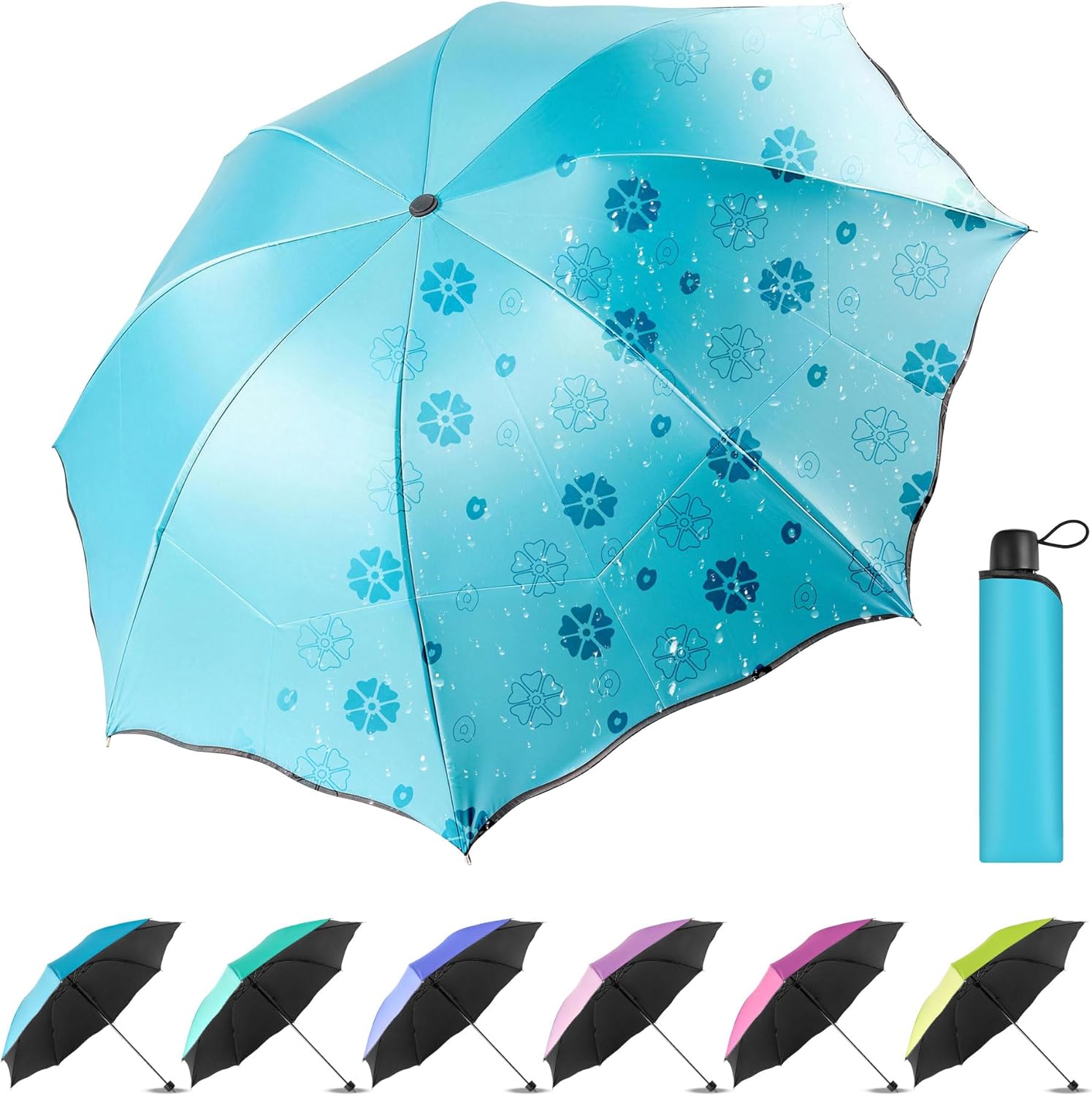 Bulk Umbrellas, 6-Color Travel Folding Umbrellas, Water-Reactive Pattern, Foldable For Easy Storage, Convenient To Carry, Suitable For Both Sunny And Rainy Days (6-Piece)