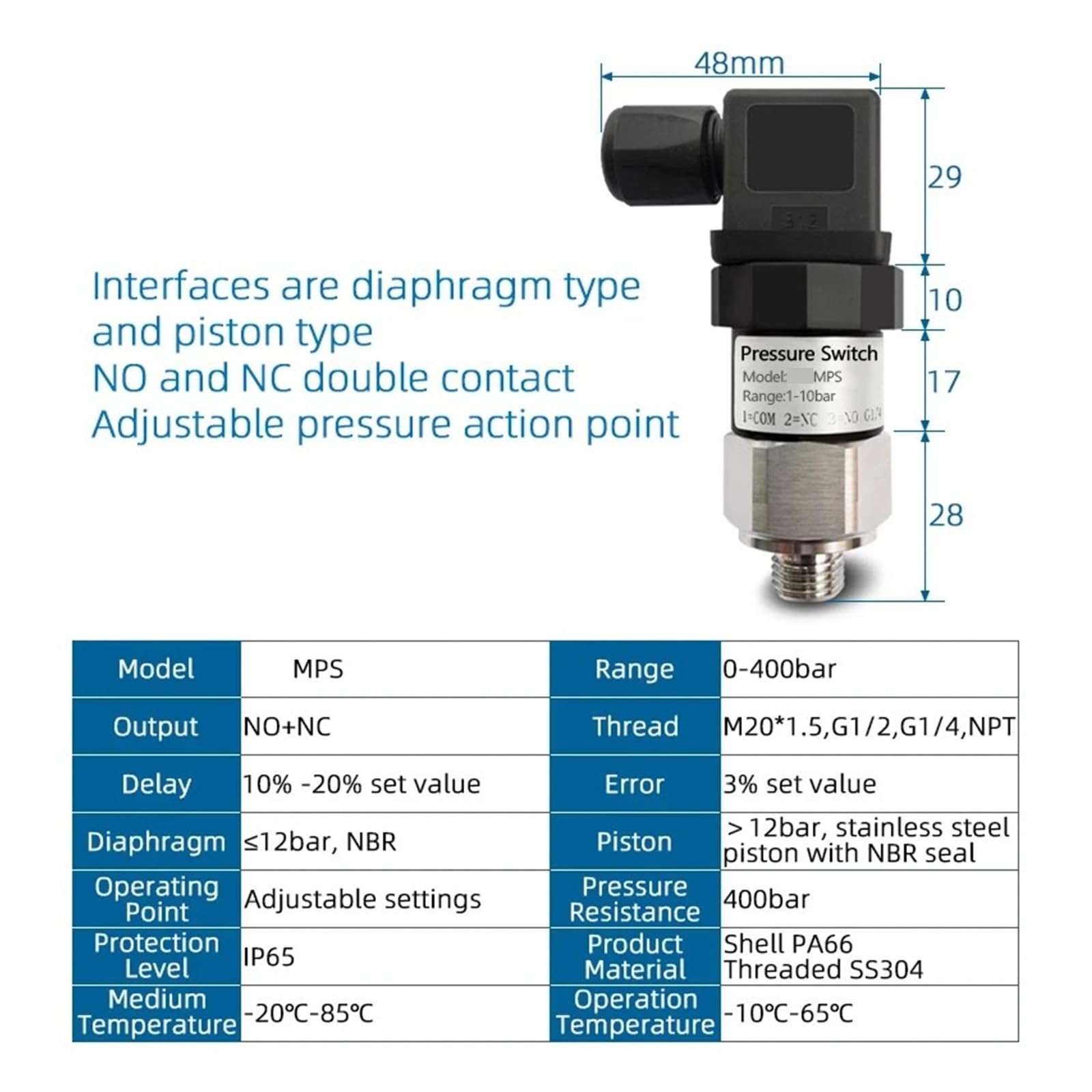 Interruptor de presión mecánico ajustable, controlador membrana pistón diafragma acero inoxidable for sistema neumático bomba agua 1 ud