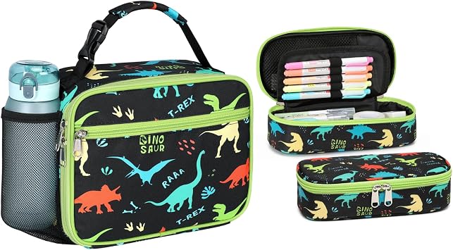 Bagseri Kids Lunch Bag and Kids Pencil Case Bundle, Dinosaur Lunch Bag and Pencil Case for Boys