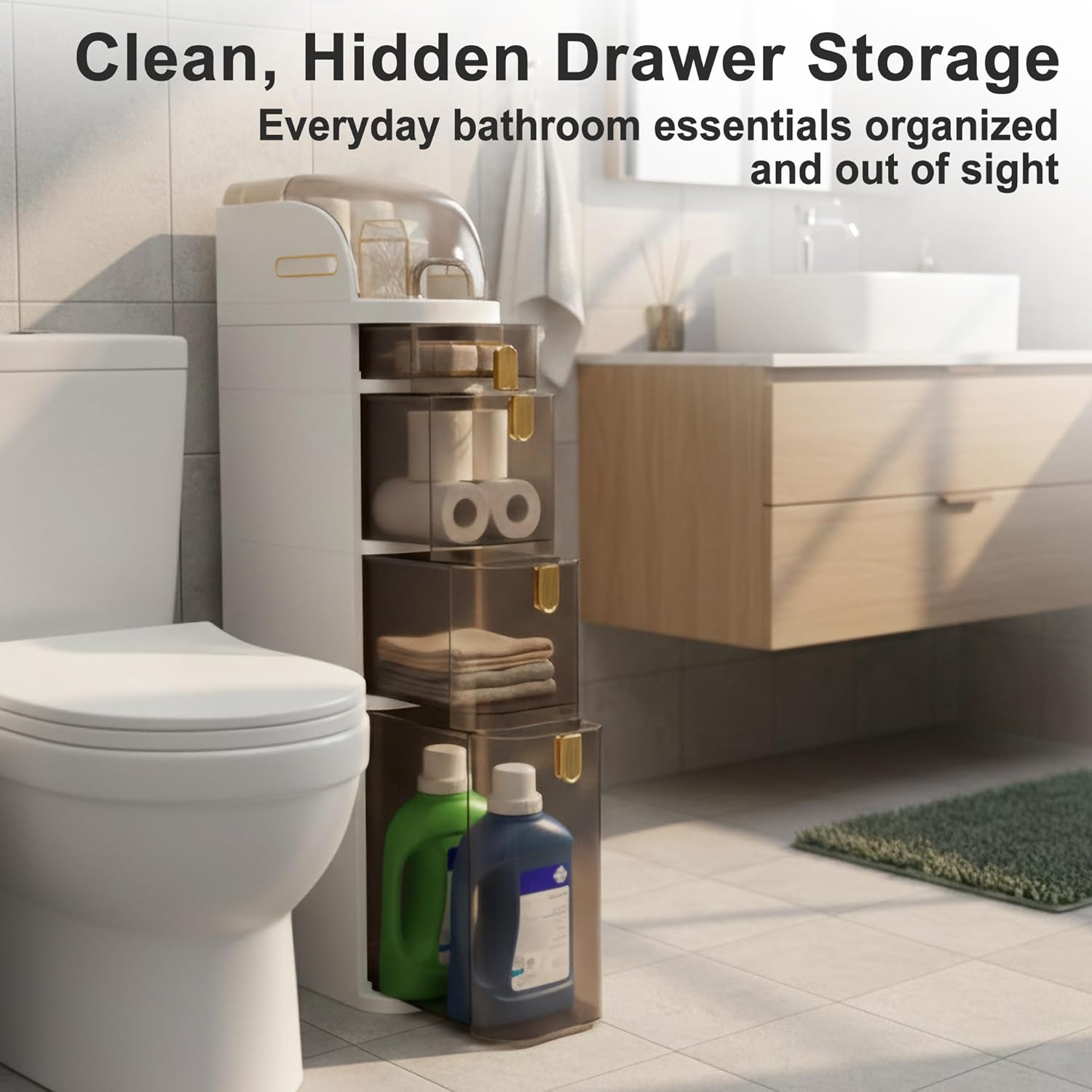 Slim Bathroom Storage Cabinet with Drawers, Narrow Floor Cabinet for Small Spaces, Vertical Bathroom Organizer Next to Toilet, Freestanding Bathroom Storage with Wheels