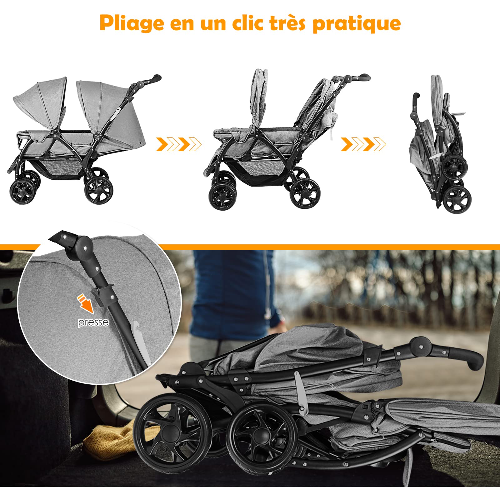 DREAMADE Poussette Double Pliable à 4 Roues avec Freins, Landau pour Bébé avec Ceinture de Sécurité à Cinq Points, Capotes et Pédales Réglables, Charge totale 30kg, Gris