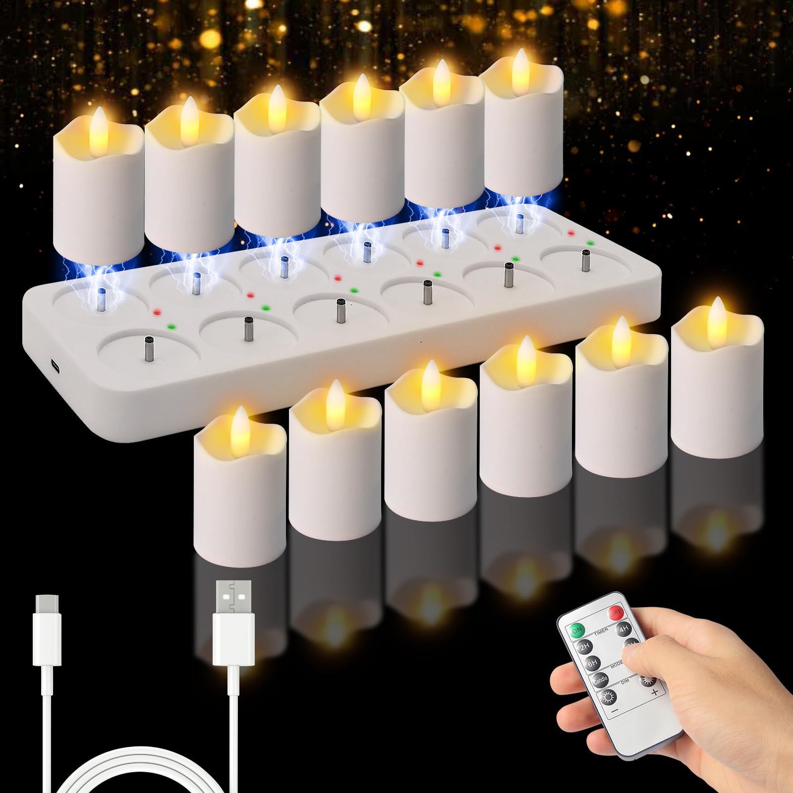 Candele da tè ricaricabili con timer remoto, candele LED senza fiamma da 5,1 x 5,3 cm, con base di ricarica USB, piccole candele votive, candele finte elettriche, per matrimoni, decorazione da