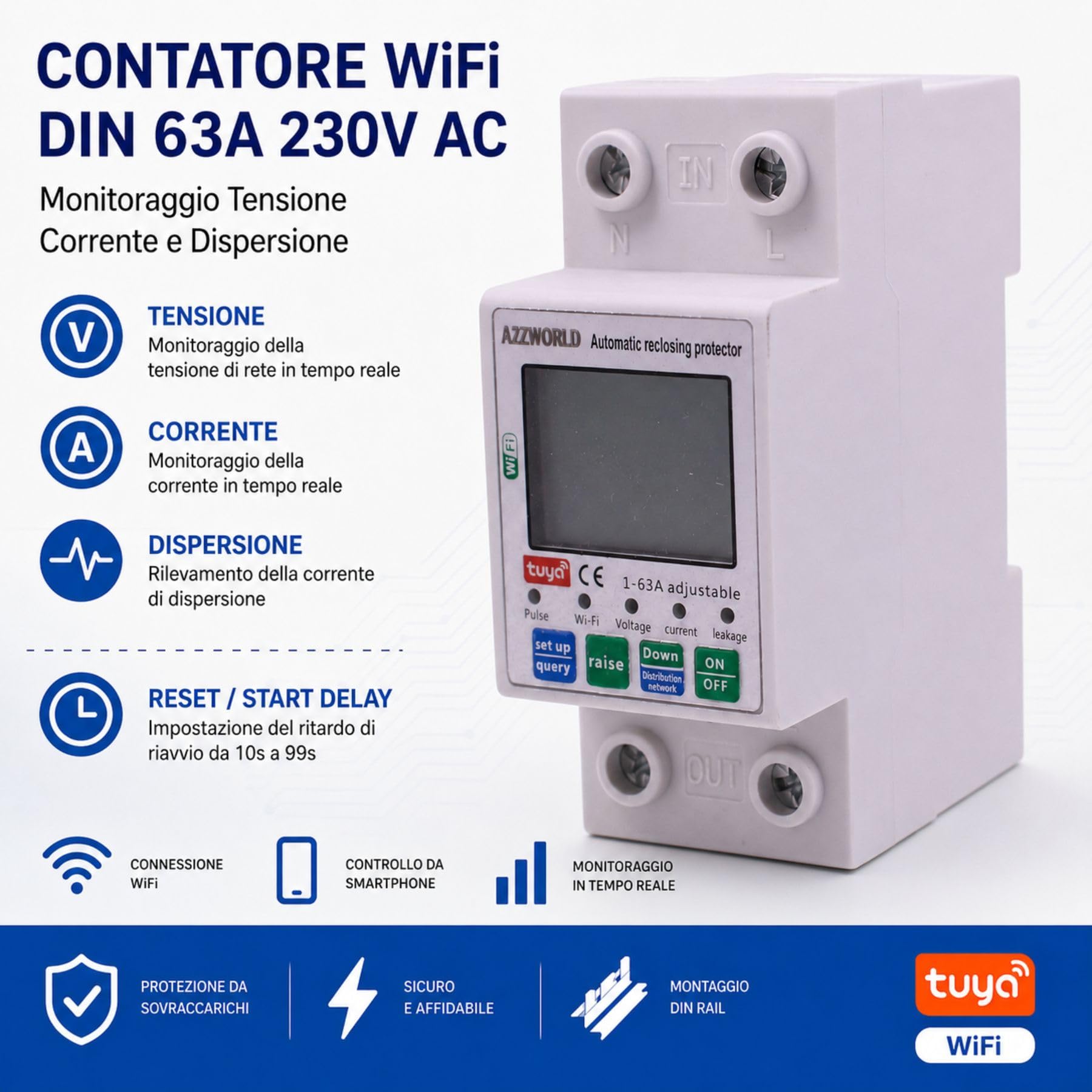 Relè di Protezione Tensione e Corrente WiFi, 220V 63A con Riarmo Automatico, Misuratore Energia kWh, Sovratensione Sottotensione Sovracorrente e Dispersione, App Smart Life Tuya, Guida DIN 2 Moduli