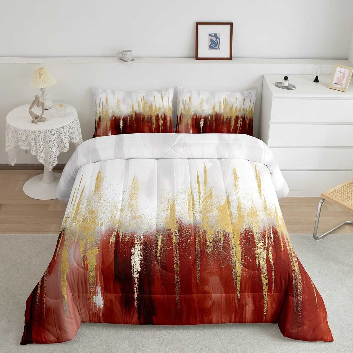 Edredón degradado rojo y dorado matrimonial juego de ropa de cama abstracto para niños y niñas
