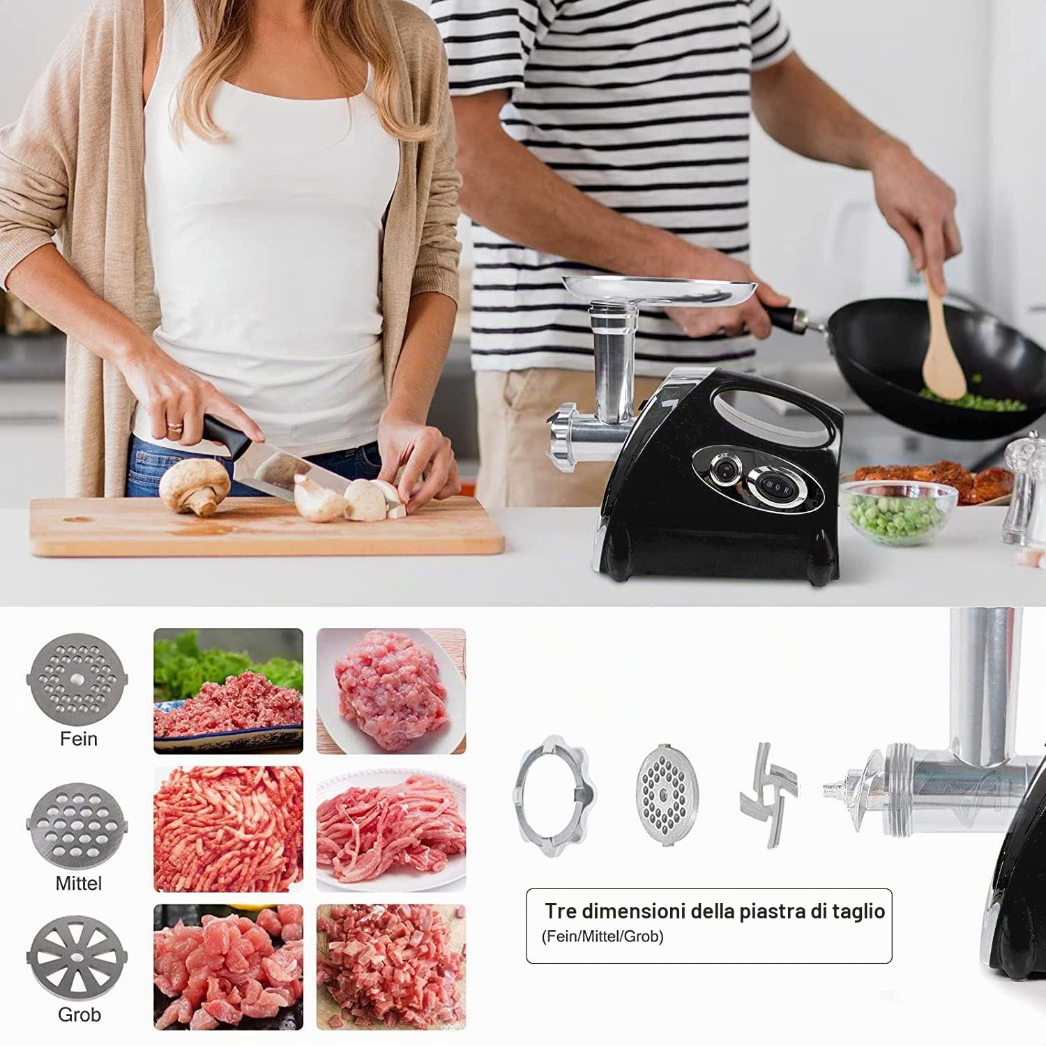 Tritacarne elettrico, 2800 W, con insaccatrice e 3 piastre di macinatura, in acciaio inox