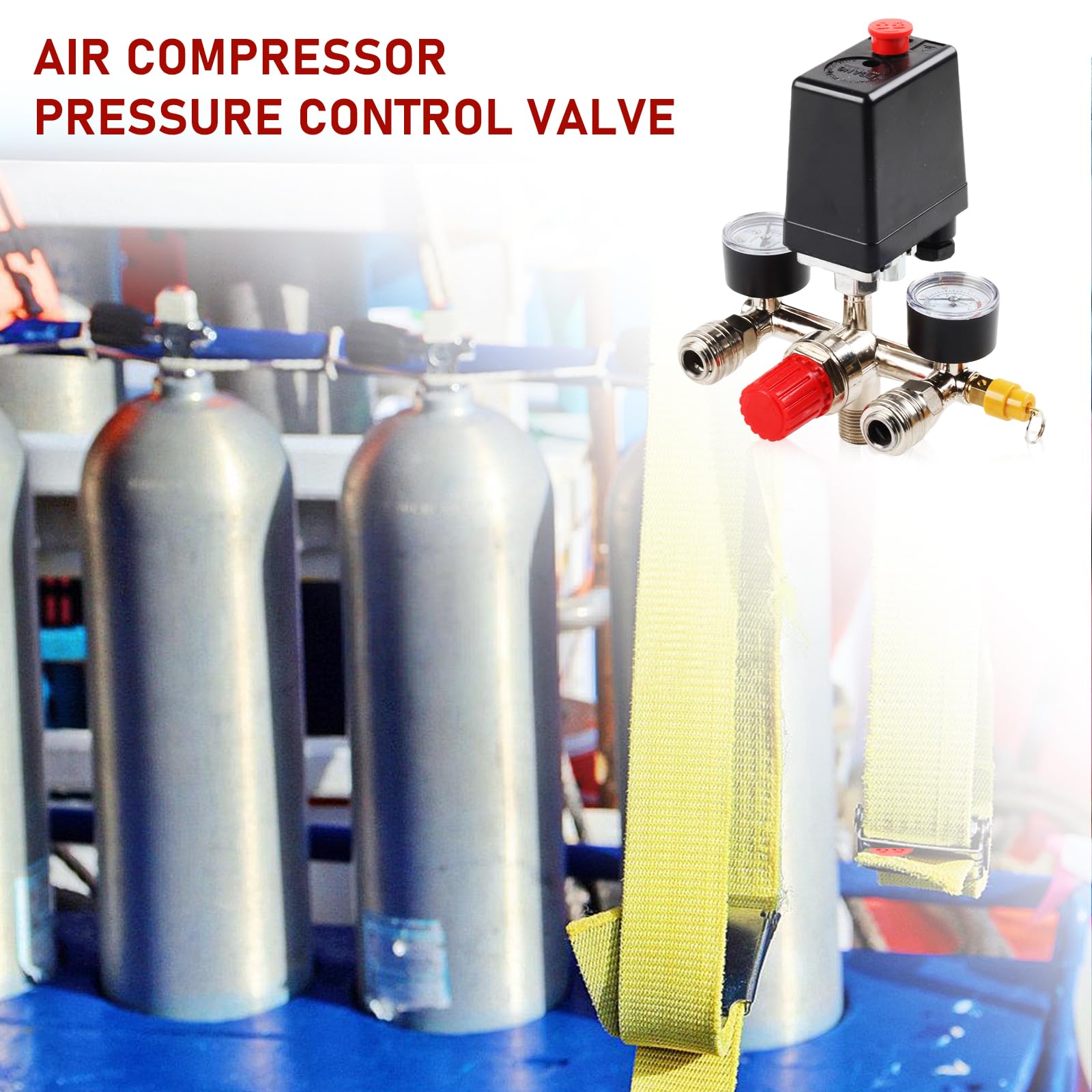 Regulador de presión compresor de 220 V con interruptor de presión, 2 manómetros, válvula de seguridad y 2 acoplamientos, compresor de aire reductor de presión con rosca exterior de 1/2", pieza de