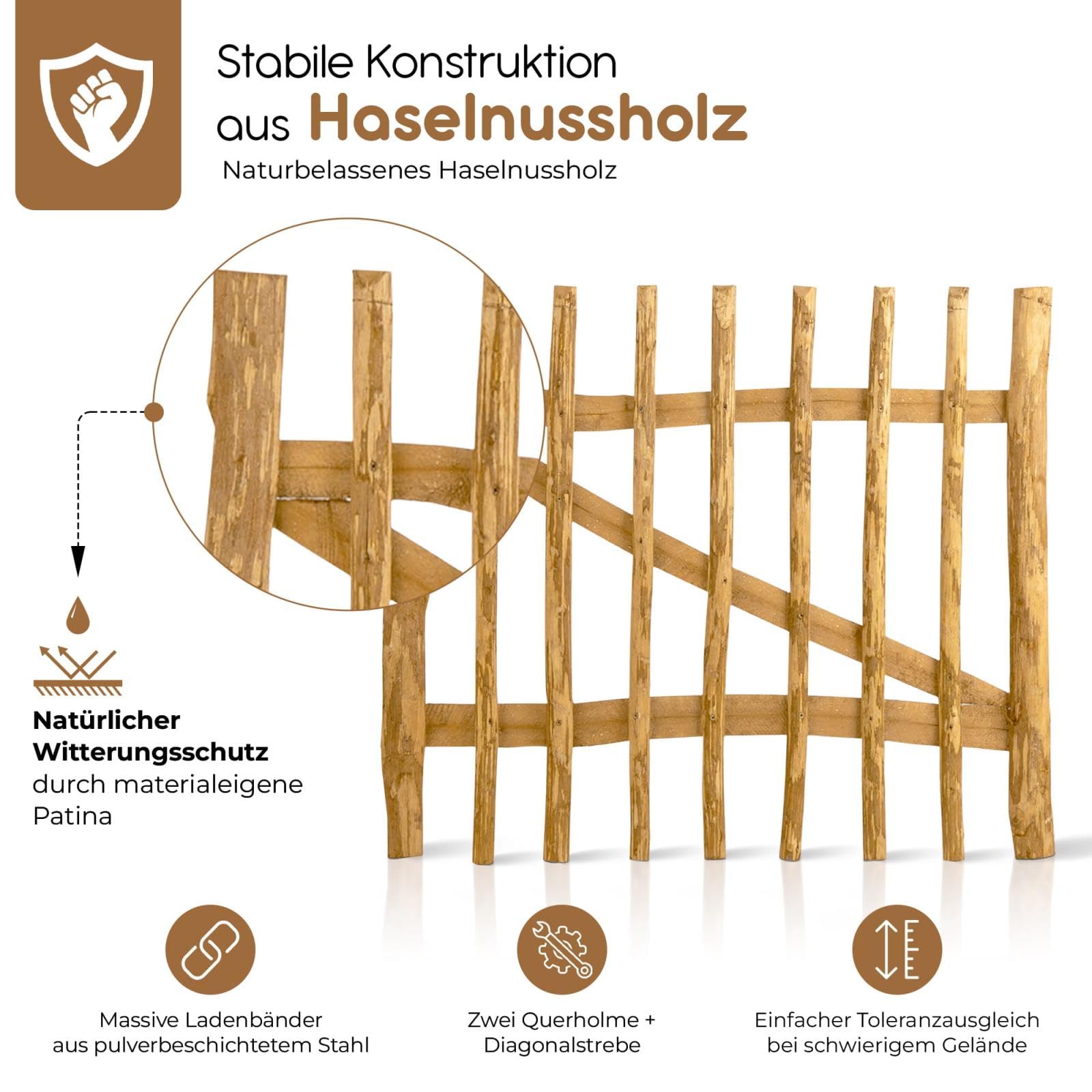 BooGardi Puerta de jardín de madera, 168 tamaños hasta 3 m, ancho de 80 cm, altura de 60 cm, distancia entre listones de 7 a 9 cm, puerta de estacas avellana, puerta de puerta de jardín