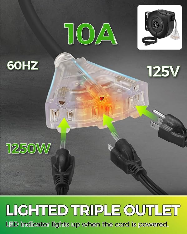 WILAWELS Retractable Cord Reel, 75 FT Heavy Duty Extension Cord, 14AWG/3C SJTOW, 3 Grounded Outlets Lighted Triple Tap, 10A Circuit Breaker, Wall/Ceiling Mounted, UL Listed, Black H75CR06 by WILAWELS - Image 5
