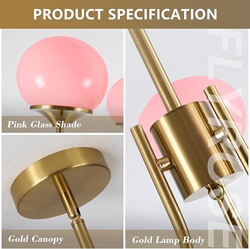 Miniatura 3 de Candelabro de globo rosa para habitación de niñas, moderno de mediados de siglo, 3 luces colgantes, vintage, dorado, semiempotrado, lámpara de techo