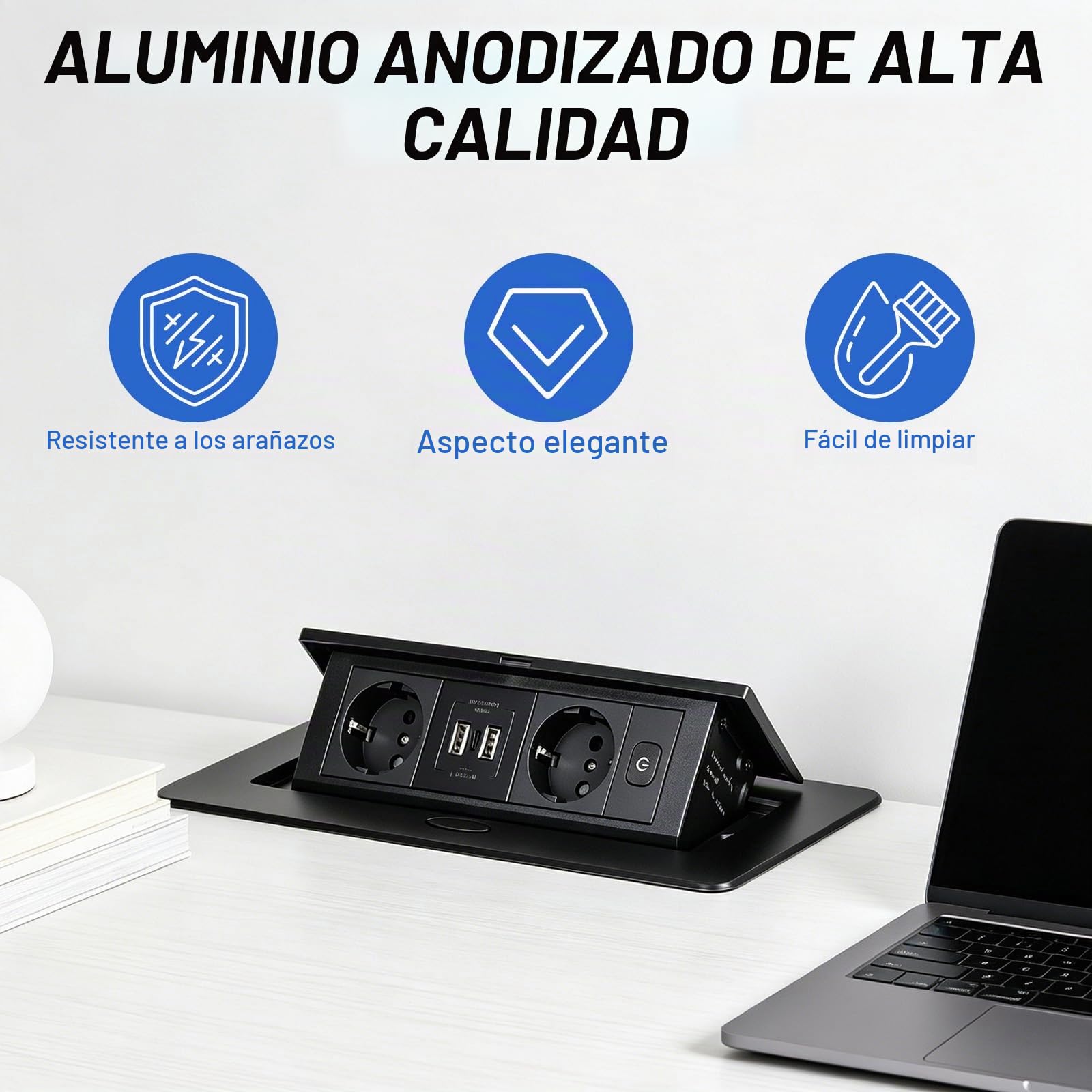 CPROSP Regleta Empotrable de Mesa con 2 Enchufes y 3 USB (2A+1C)