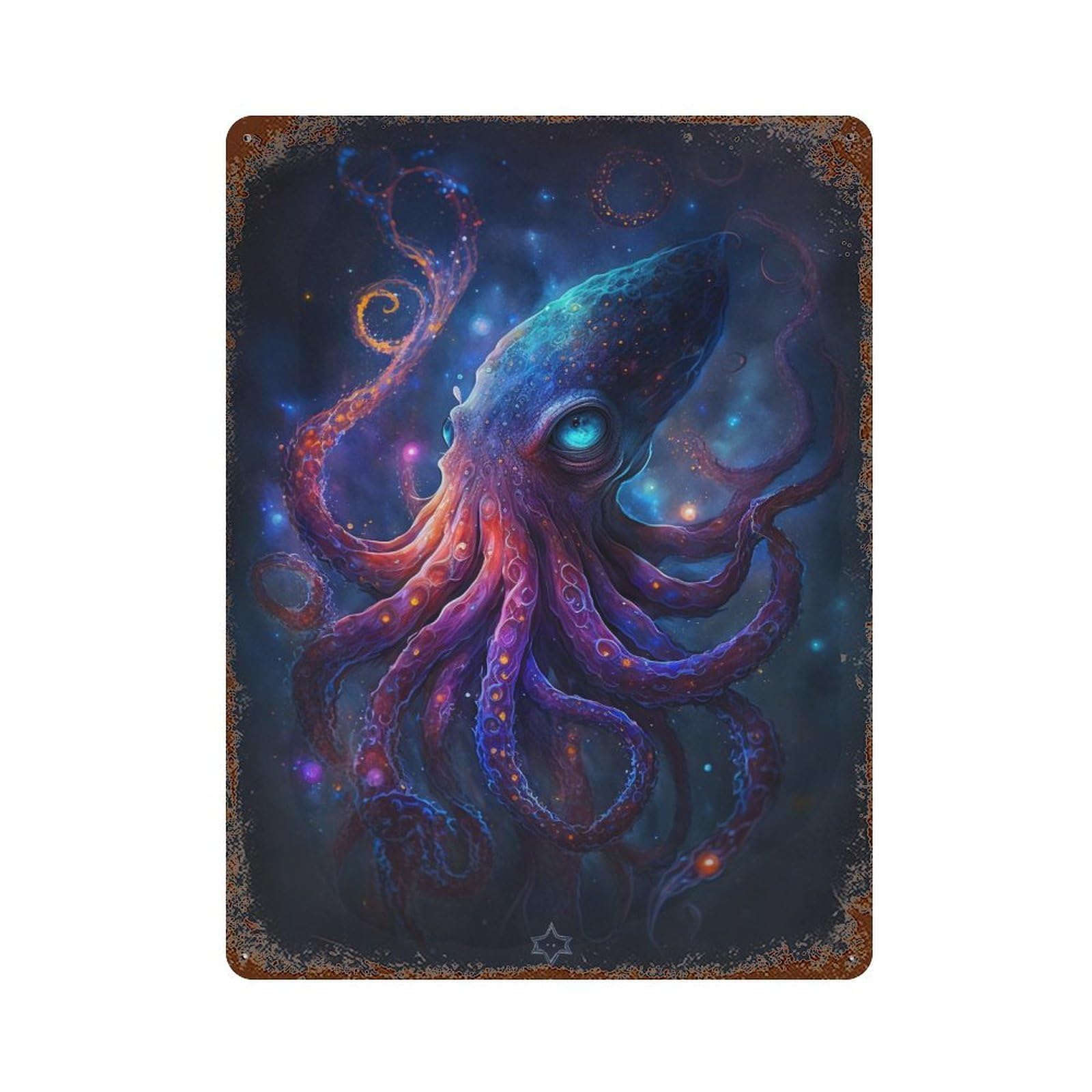 Glowing Cosmic Octopus Art Print 15.7"x11.8" Vintage Rust Metal Sign, Shabby Chic Decor for Cafe, Home Bar And Lounge Decor