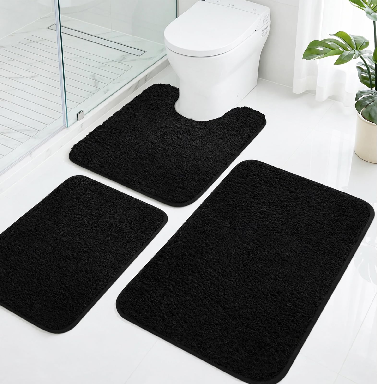LUSCHEER 3 Piece Bath Mat Set, Shaggy Microfiber Bathroom Mats, Black