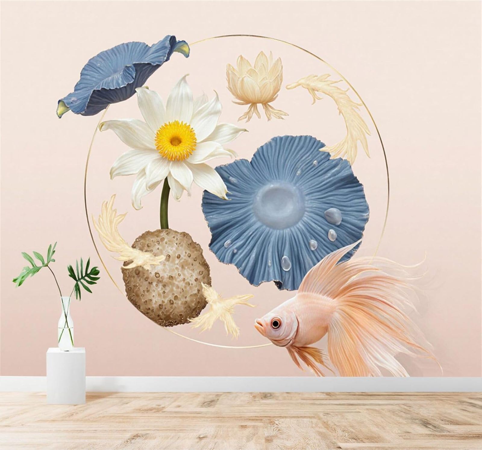 XLMING Elegant Creative White Lotus Blue Lotus Leaves Little Fish 3D Wallpaper Silky Texture Home Study Office Grey Dining Room Sofa Bedroom Living Room TV Backdrop-300cm×210cm