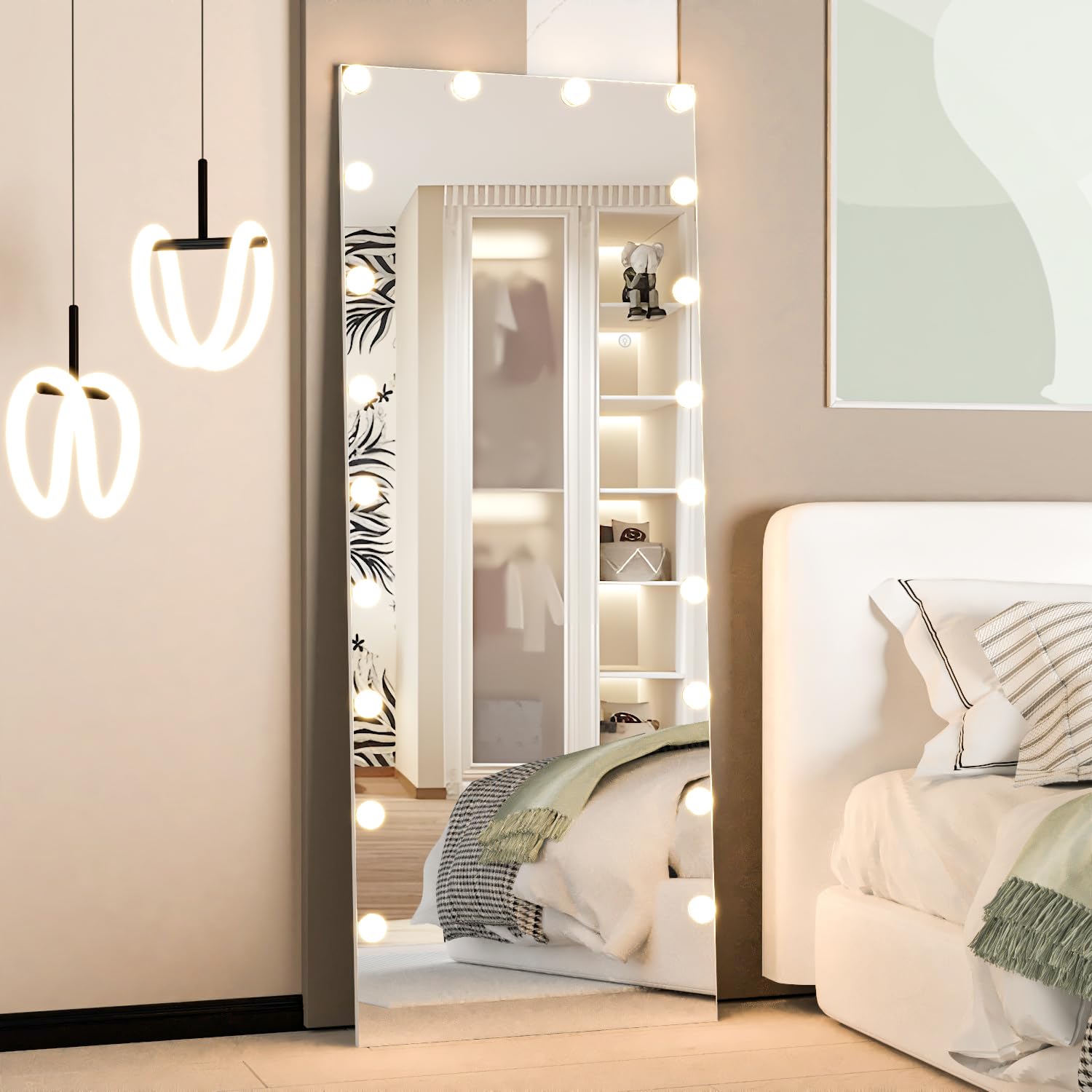 Specchio a figura intera con luci, 160 x 50 cm, specchio da terra Hollywood e da parete con luce, grande specchio da toeletta per camera da letto, 3 modalità di colore (bianco)